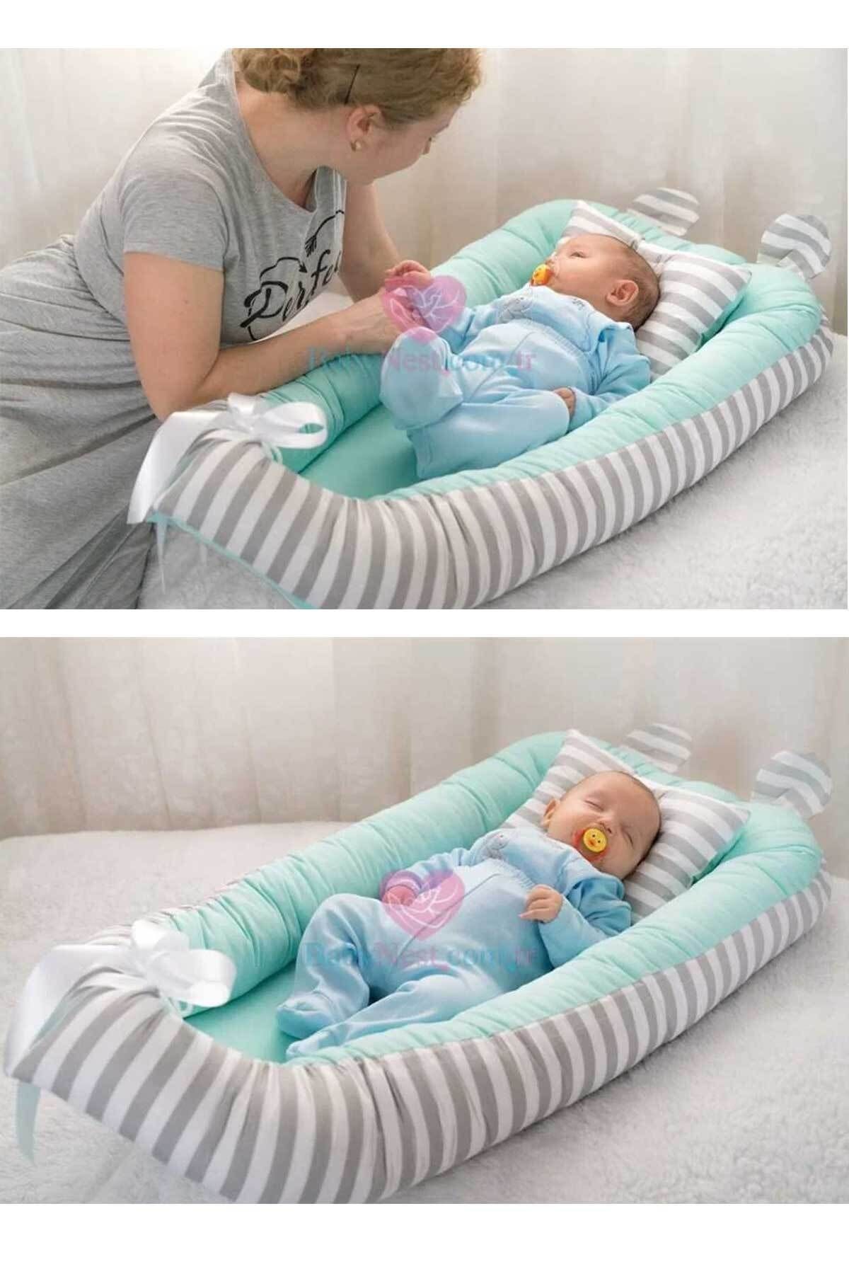 Babynest Yatak Ve Ortopedik Yastık Mint Ve Gri Çizgili