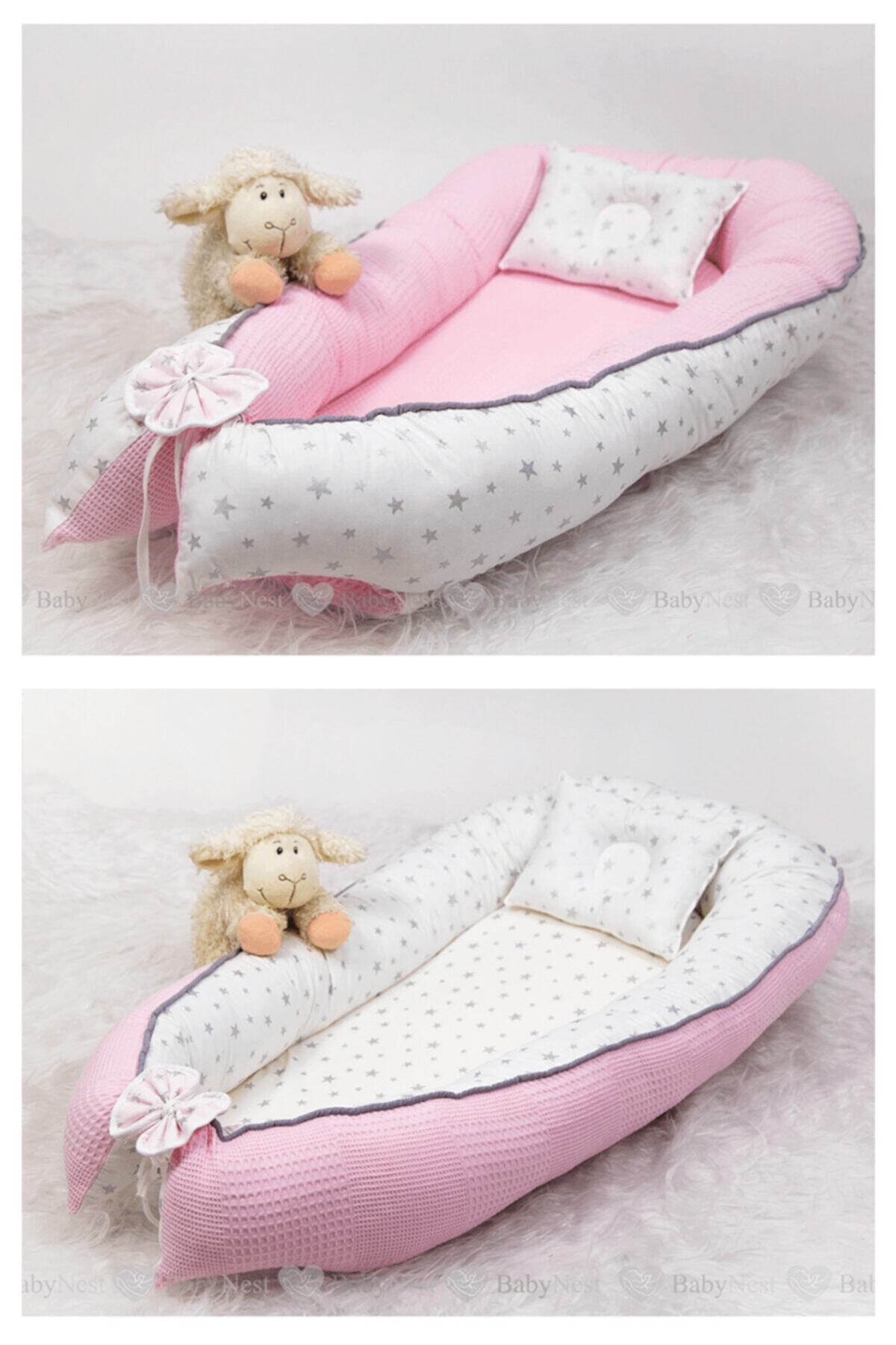 Babynest Yatak Ve Ortopedik Yastık Pembe Pikeli Ve Gri Parlak Yıldız