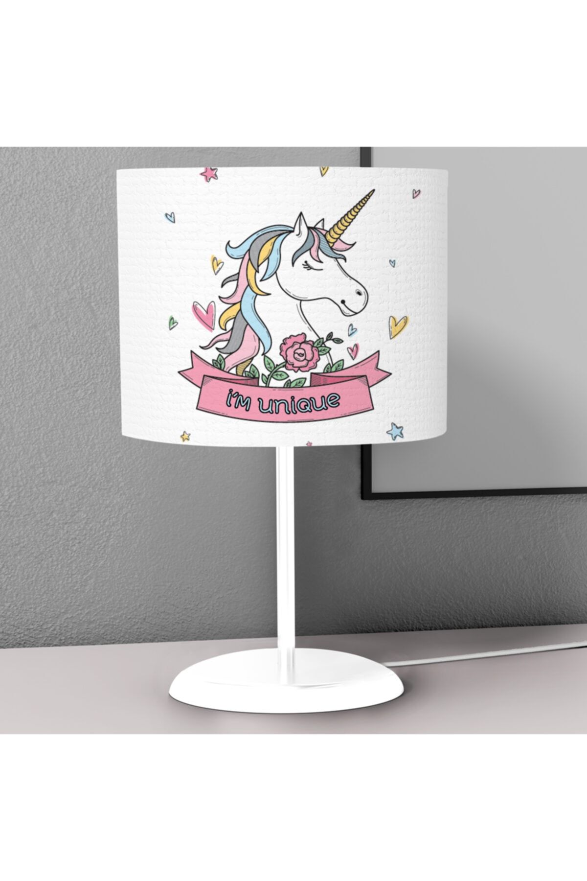 Tinybabyconcept Unicorn Pembe Yıldız Desenli Çocuk Odası Dijital Baskılı Çocuk Odası Masaüstü Abajur Avize