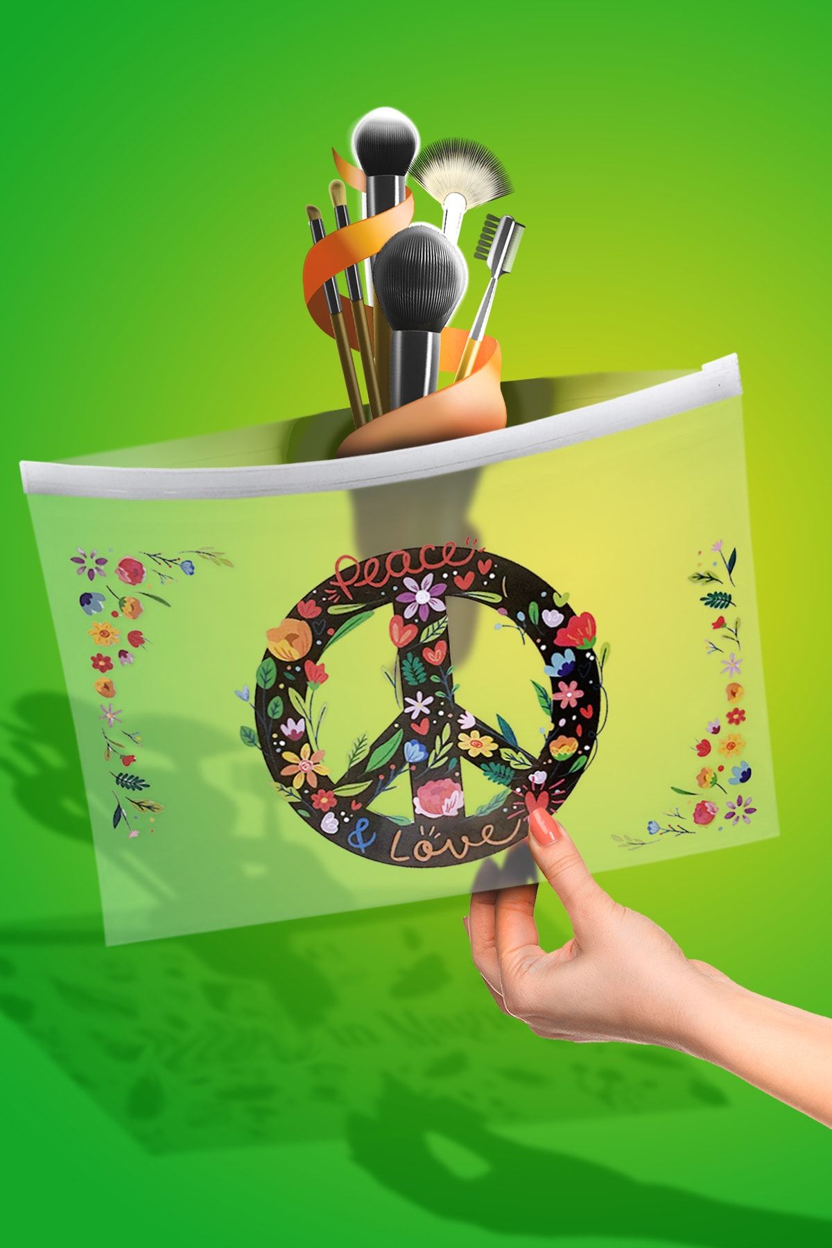 Artikel Peace Çiçekli Şeffaf Çok Amaçlı Makyaj ve Organizer Plaj El Çantası