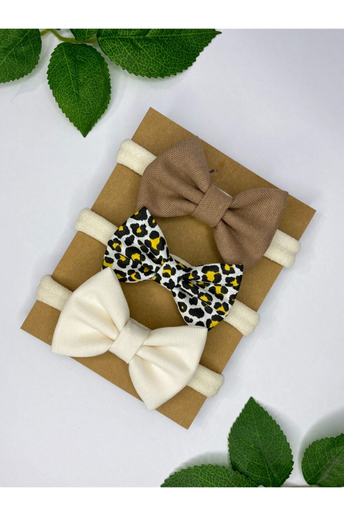 Baby Minnak Kız Bebek Çocuk 3’lü Kahve - Leopar - Krem Toka Bandana Seti