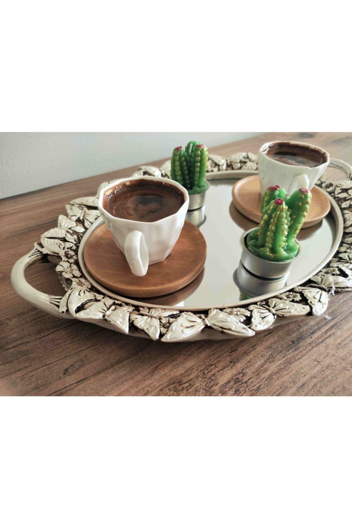 SARBUNU Kelebek Çay Kahve Sunum Tepsisi Tek Kişilik Aynalı Polyester Sedef Renk Tepsi 35x 25cm