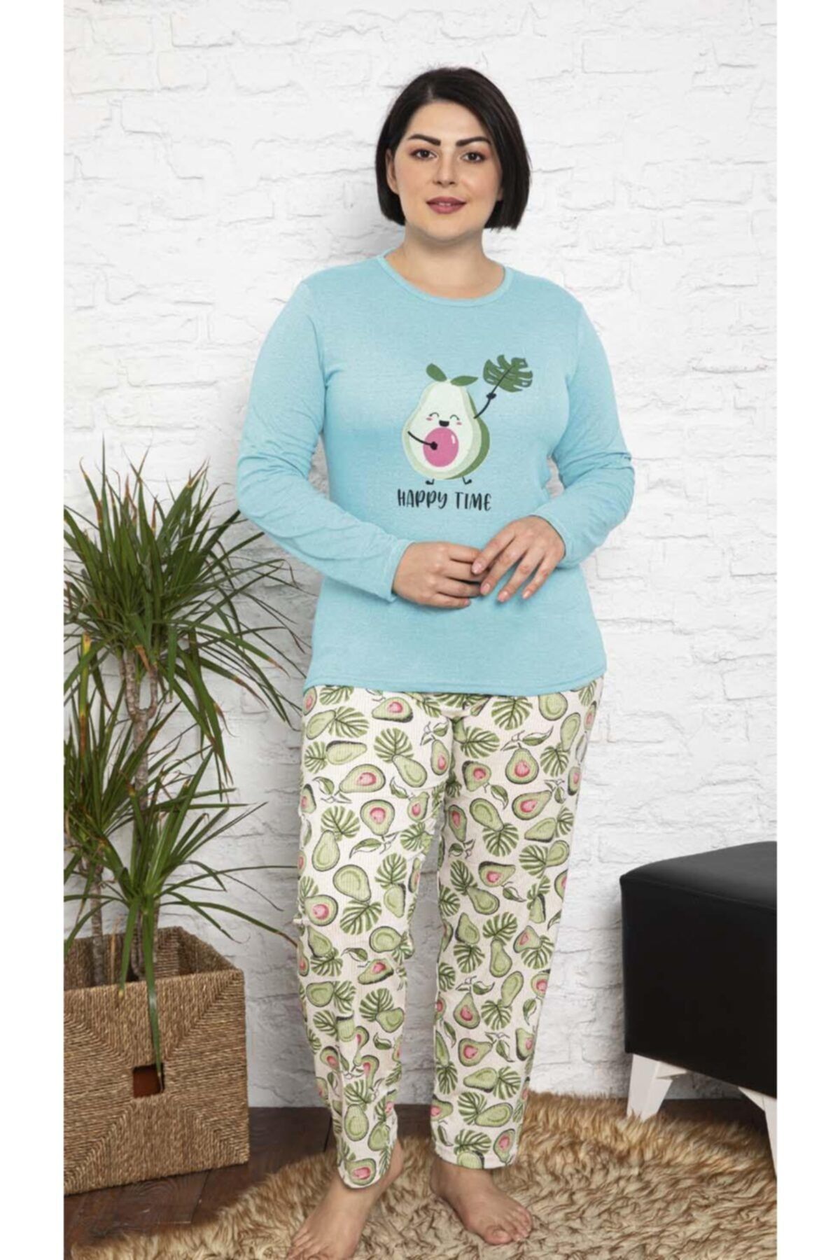 Siyezen Büyük Beden Avokado Baskılı Pamuklu Mavi Pijama Takımı