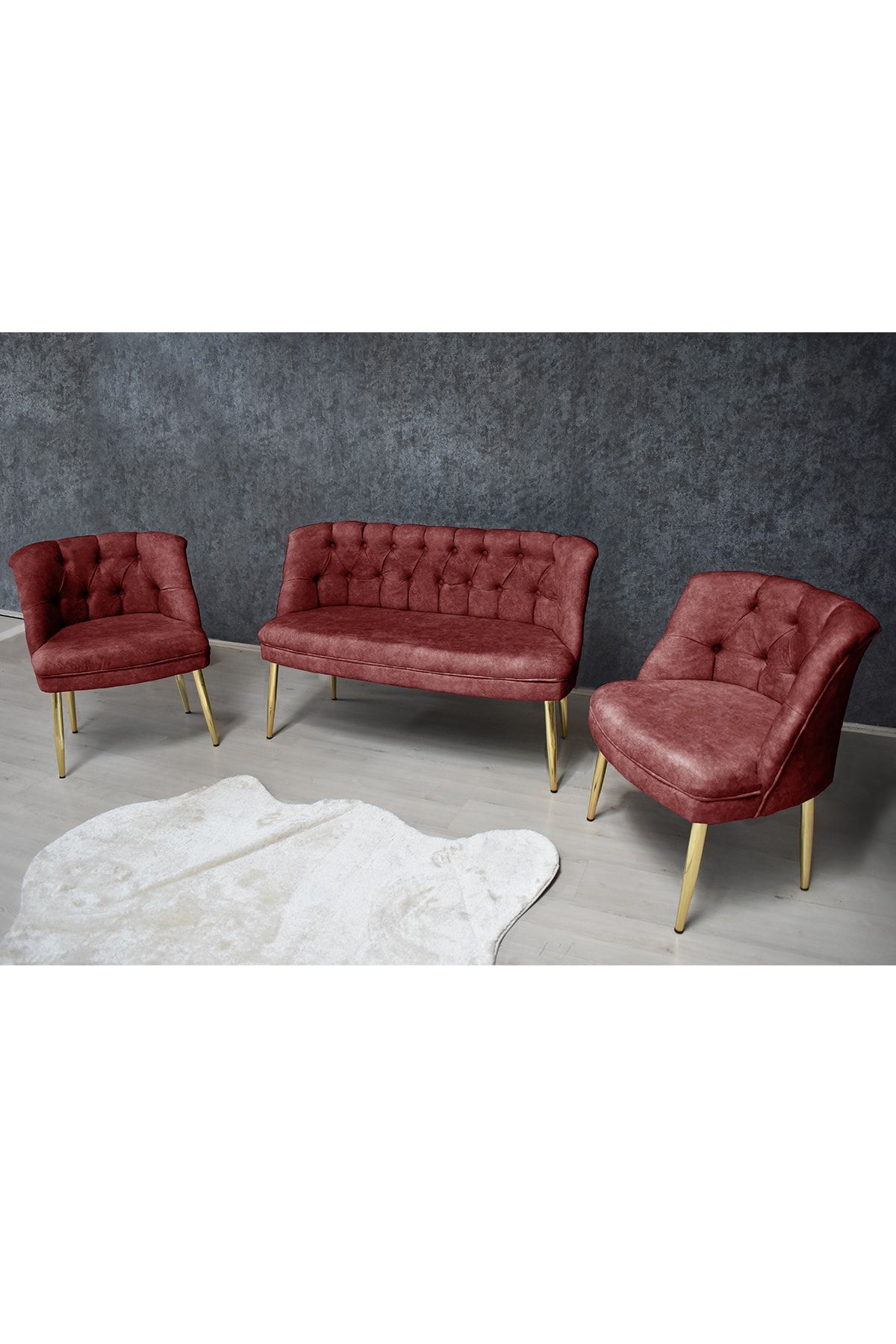 VIANEM Kolsuz Çay Seti 2+1+1 Balkon Ofis Cafe Bahçe Koltuk Takımı  Gold Metal Ayak Bordo