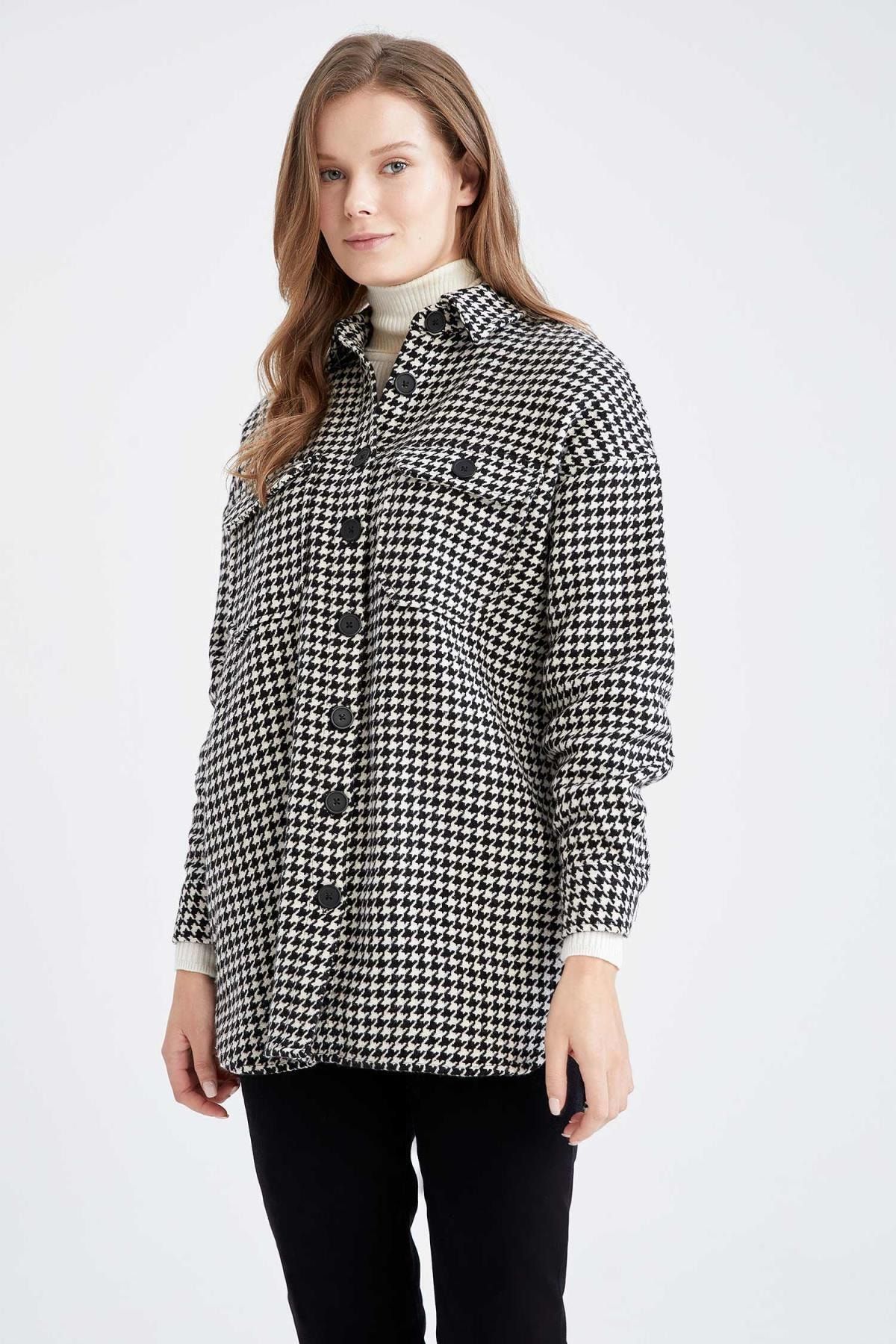 DeFacto Kazayağı Desenli oversize Fit Uzun Kollu Flanel Oduncu Gömlek