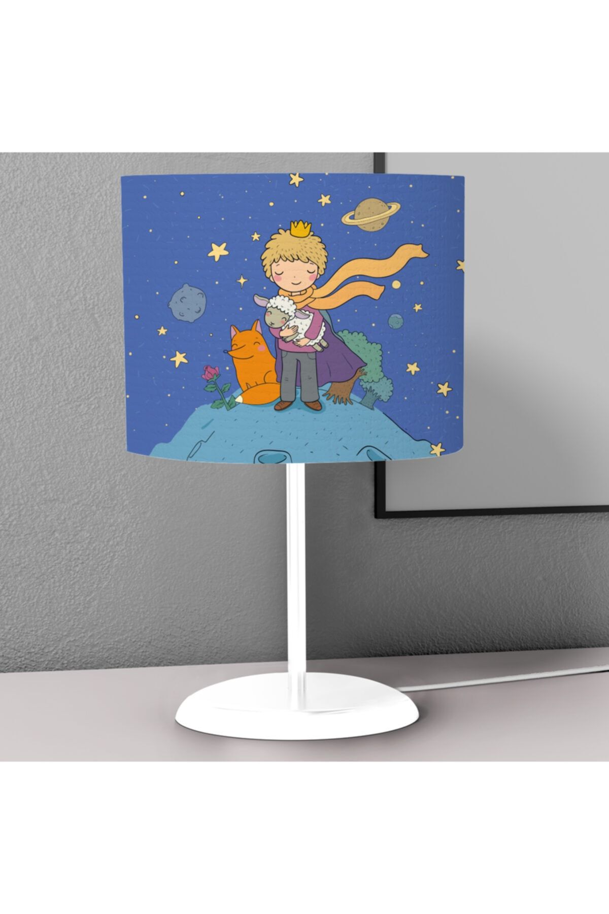 Tinybabyconcept Koyu Mavi Çocuk Tilki Desenli Çocuk Odası Dijital Baskılı Çocuk Odası Masaüstü Abajur Avize