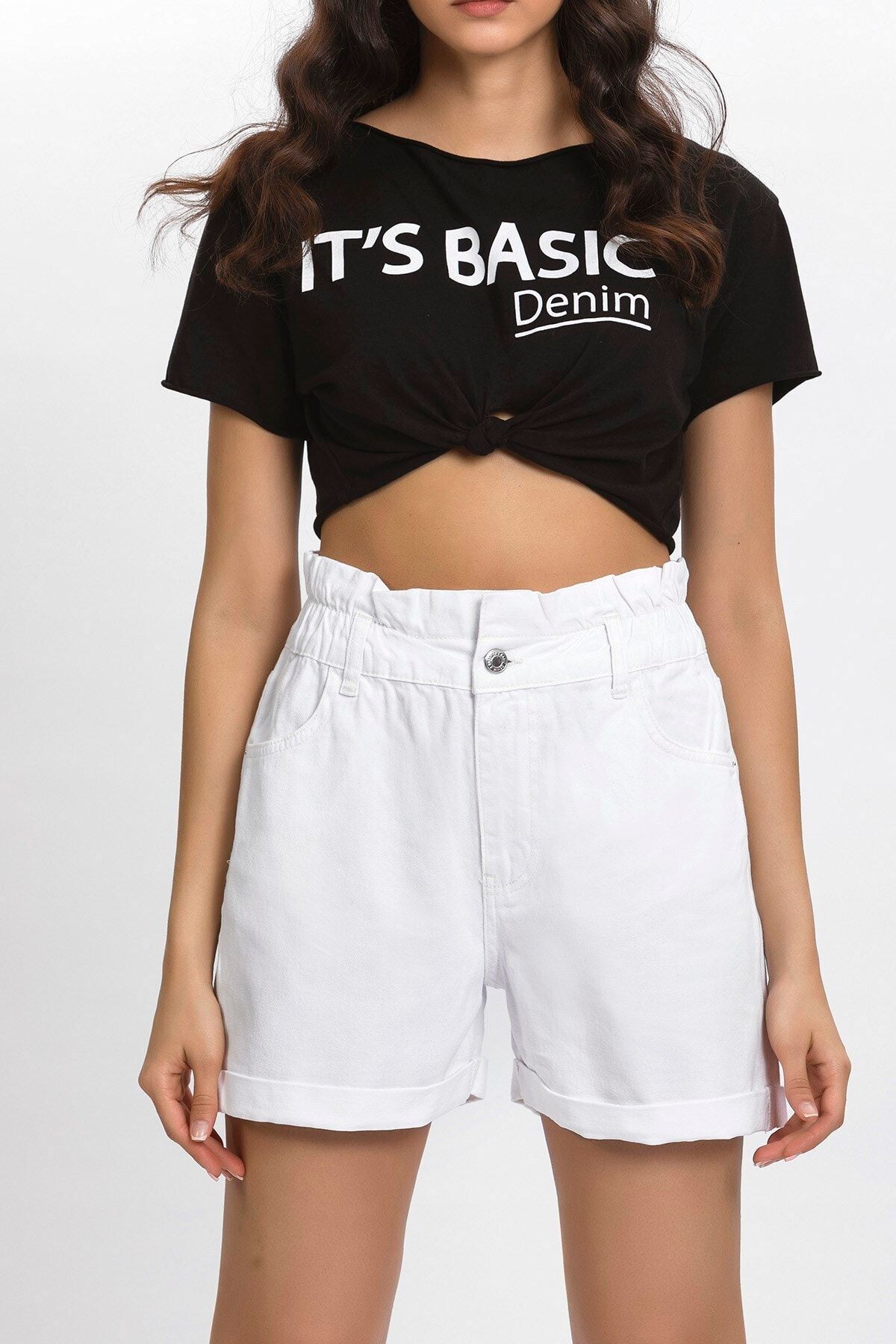its basic Kadın Beyaz Kemeri Lastik Yüksek Bel Beyaz Renk Jean Şort