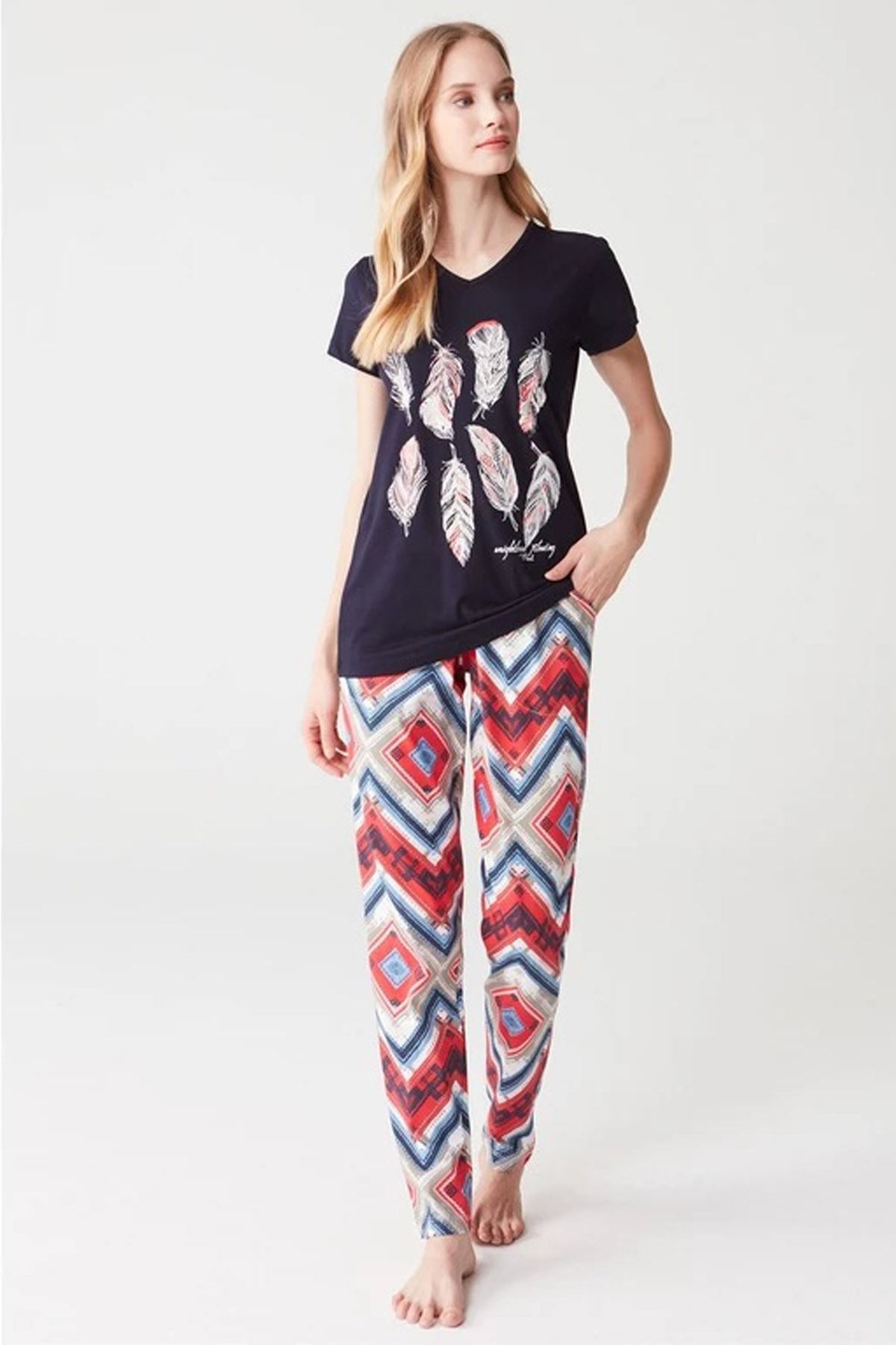Mod Collection %100 Pamuklu Desenli Lacivert Kadın Kısa Kol Pijama Takım