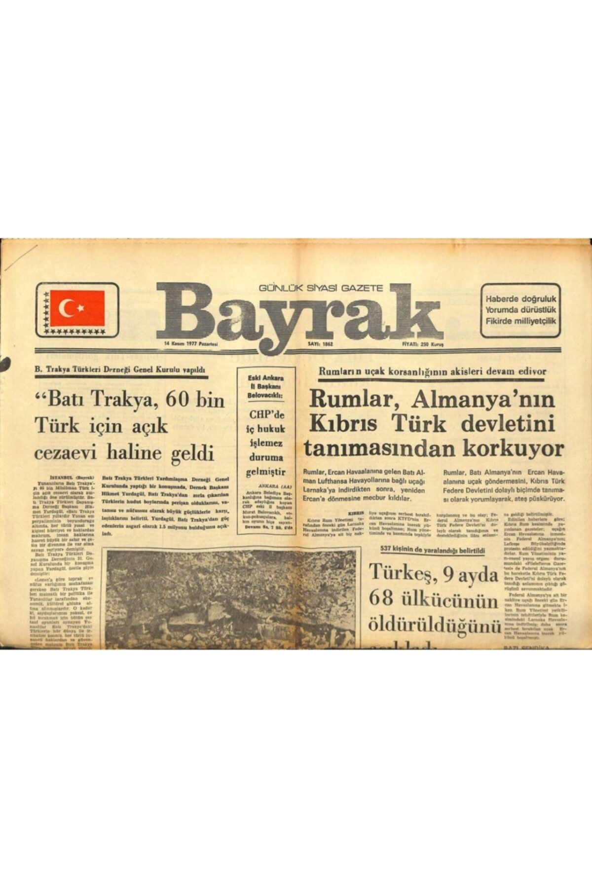 Gökçe Koleksiyon Bayrak Gazetesi 14 Kasım 1977 - Rumlar Almanya'nın Kıbrıs Türk Devletini Tanımasından Korkuyor Gz8