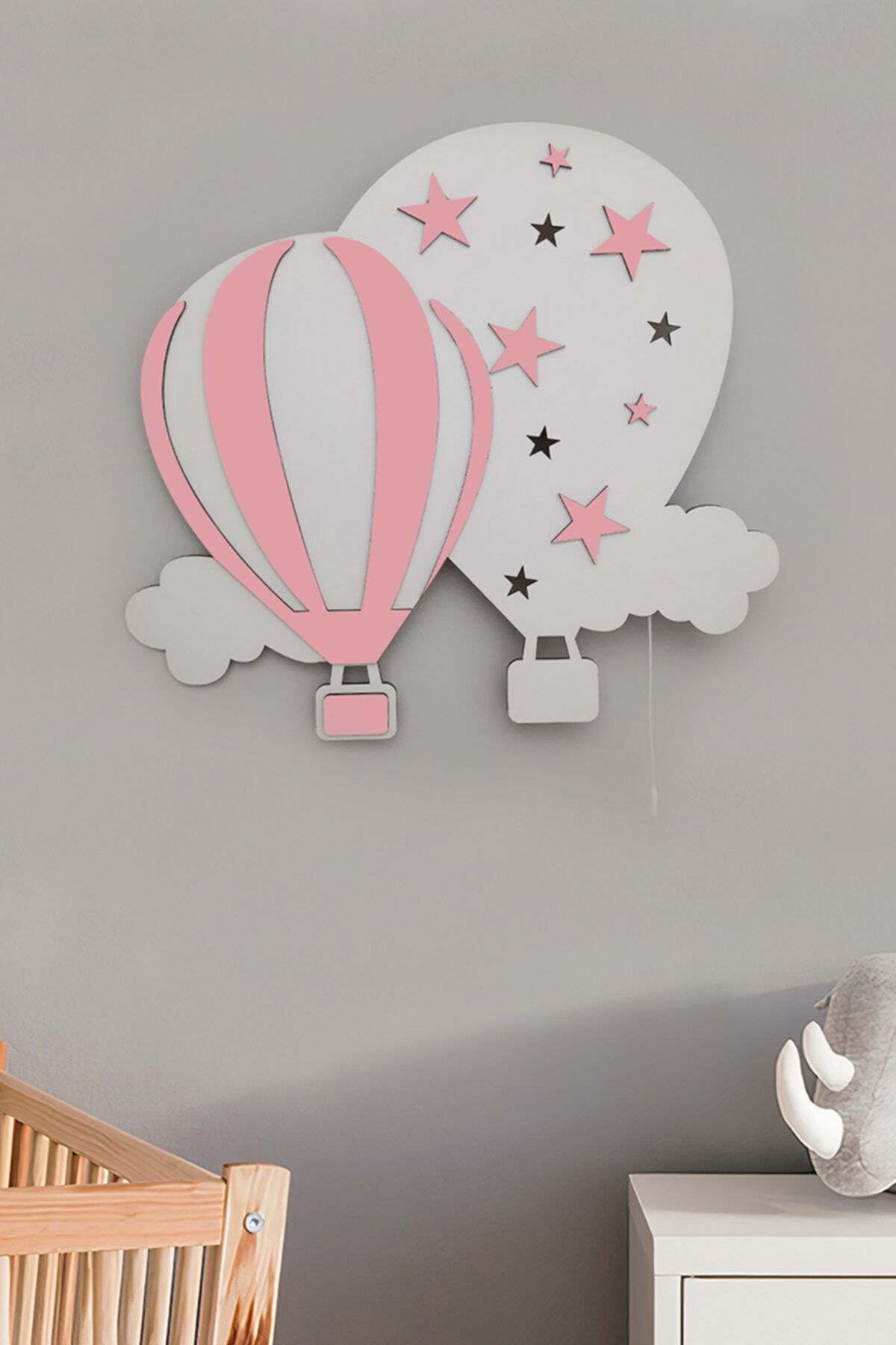 Bebişim Halı Pembe Uçan Balon Bulut Çocuk Odası Duvar Dekoru Ahşap Aydınlatma Dekoratif Gece Lambası