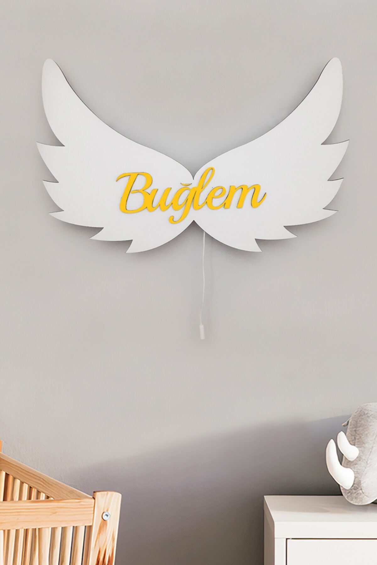Bebişim Halı Sarı Melek Kanatlı Kişiye Özel Isimli Çocuk Odası Ahşap Aydınlatma Dekoratif Gece Lambası