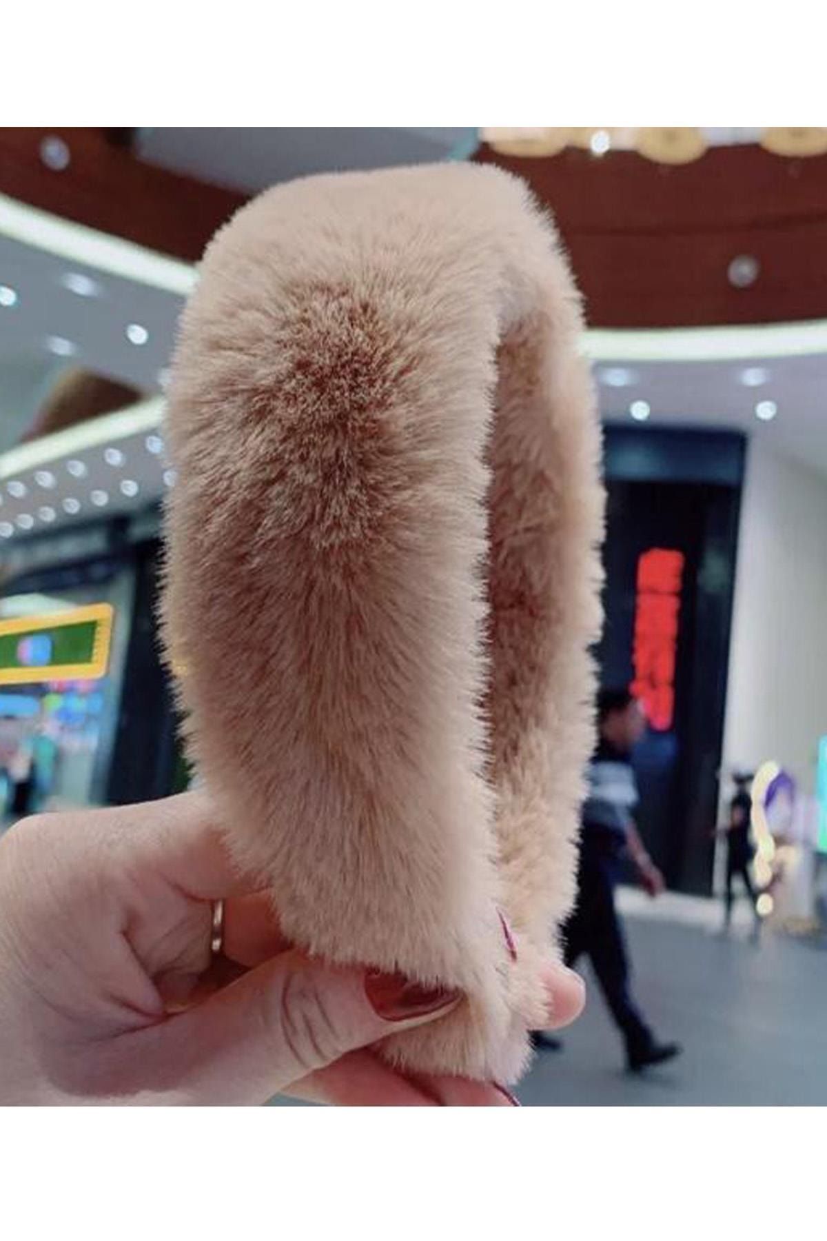 BAHELS Kadın Camel Peluş Tüylü Taç Saç Bandı