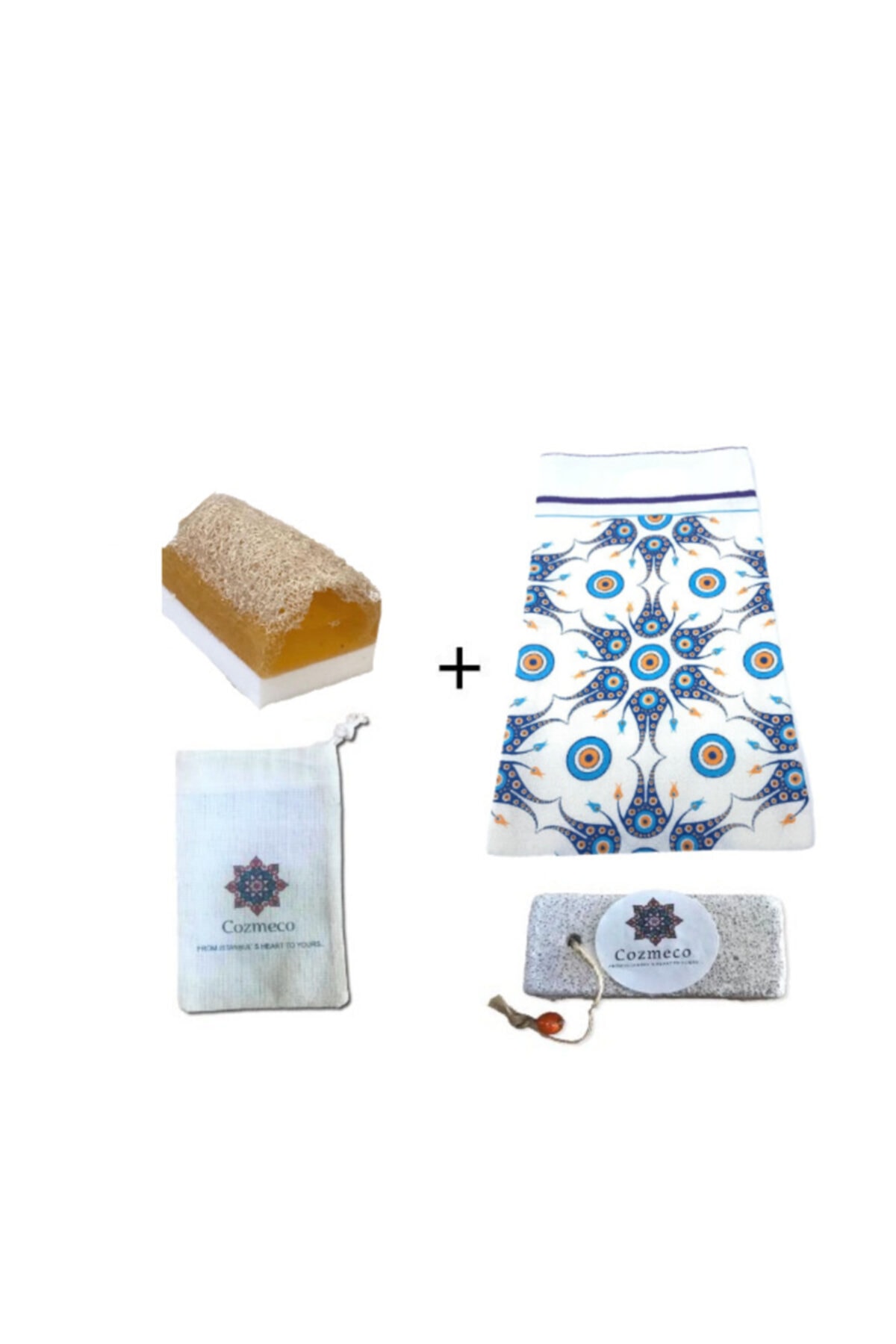 COZMECO 100%doğal Vücutpeeling Seti( Lifli Eşeksütü Bal&yulaf Sabunu125gr+nazar Çini Baskılı Hamam Kesesi)