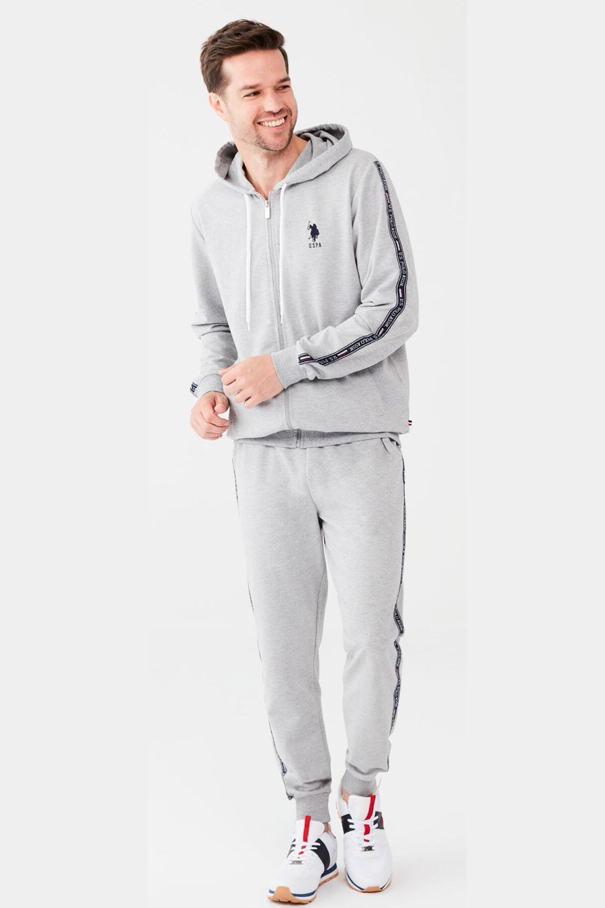 U.S. Polo Assn. Pamuklu Fermuarlı Kapşonlu Dar Paça Gri Erkek Eşofman Takım