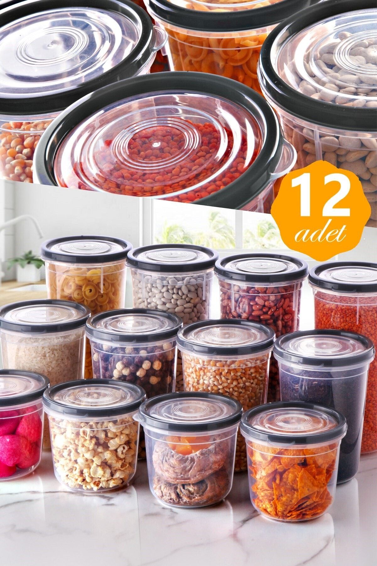 Kitchen Life 12'li Yuvarlak Erzak Saklama Kabı Seti ( 1725ml*4 1225ml*4 850ml*4)