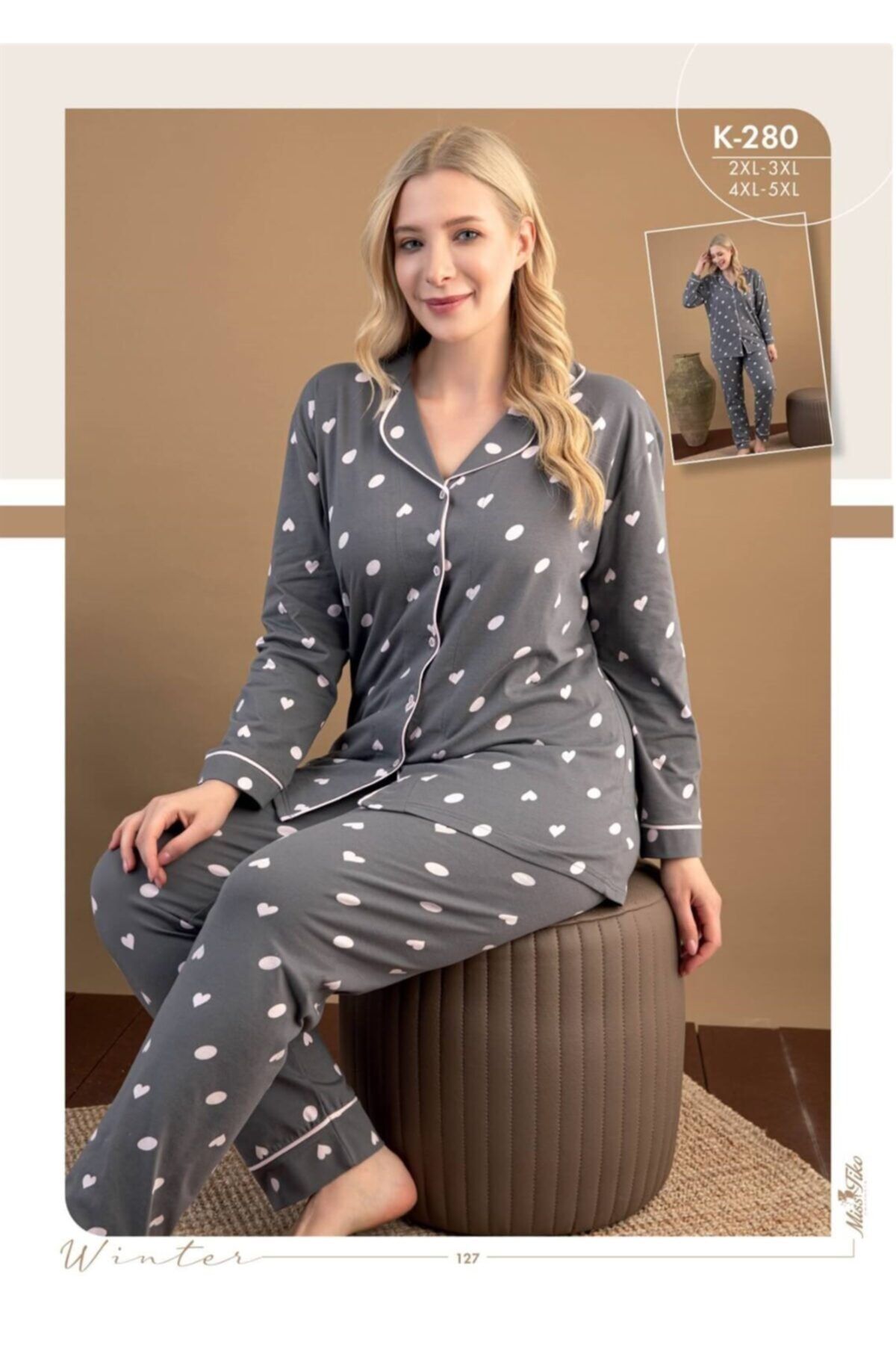 Miss Aria's Closet Büyük Beden Düğmeli Desenli Pijama Takımı
