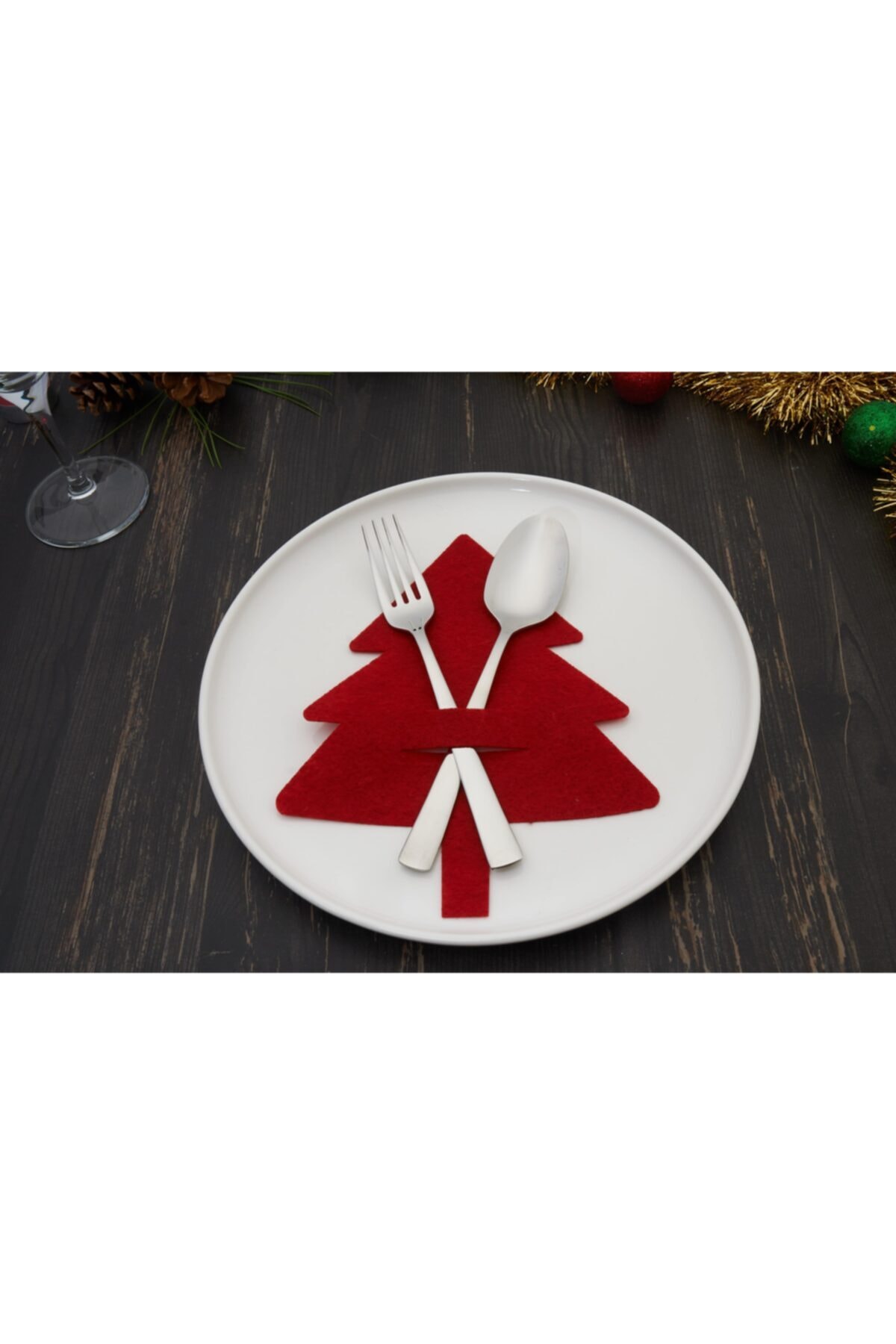 Antika Design Yılbaşı Çam Ağacı Kaşıklık ve Peçetelik Servis 4'lü Kırmızı Keçe Tek Model