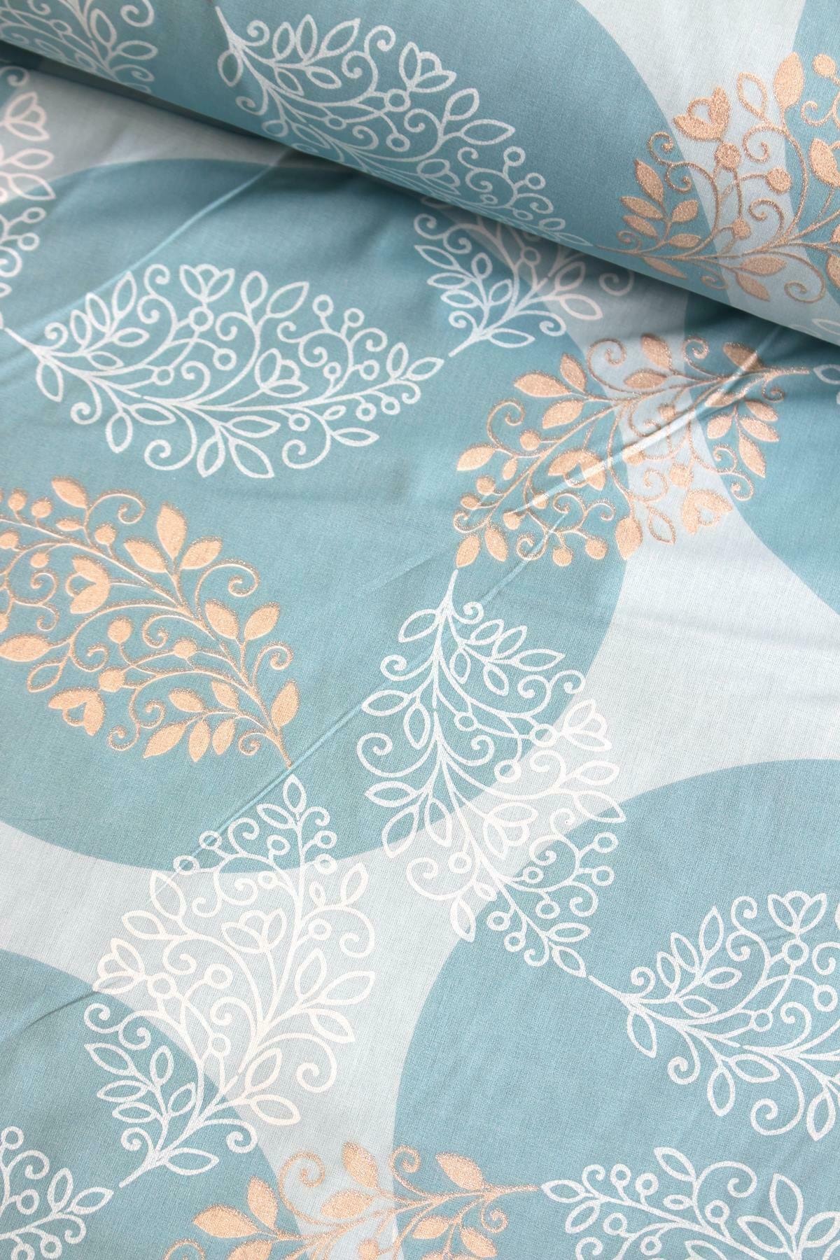 Zorlu Tekstil Mavi Yuvarlak Damask Simli Nevresimlik Poplin Kumaş