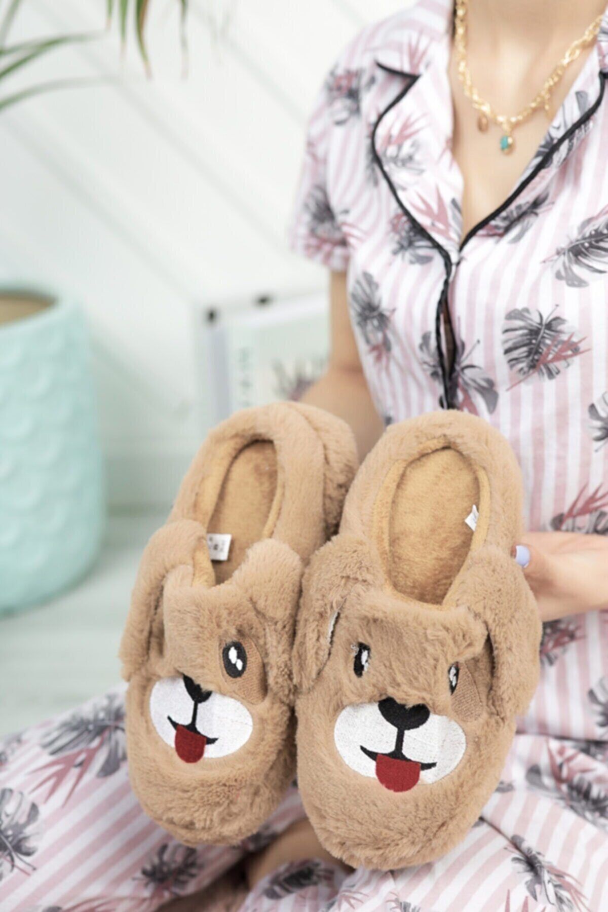 Fuwemshoes Kahverengi Kışlık Kadın Ev Terliği Köpek Figürlü Ev Panduf Terlik Ses Yapmaz Taban