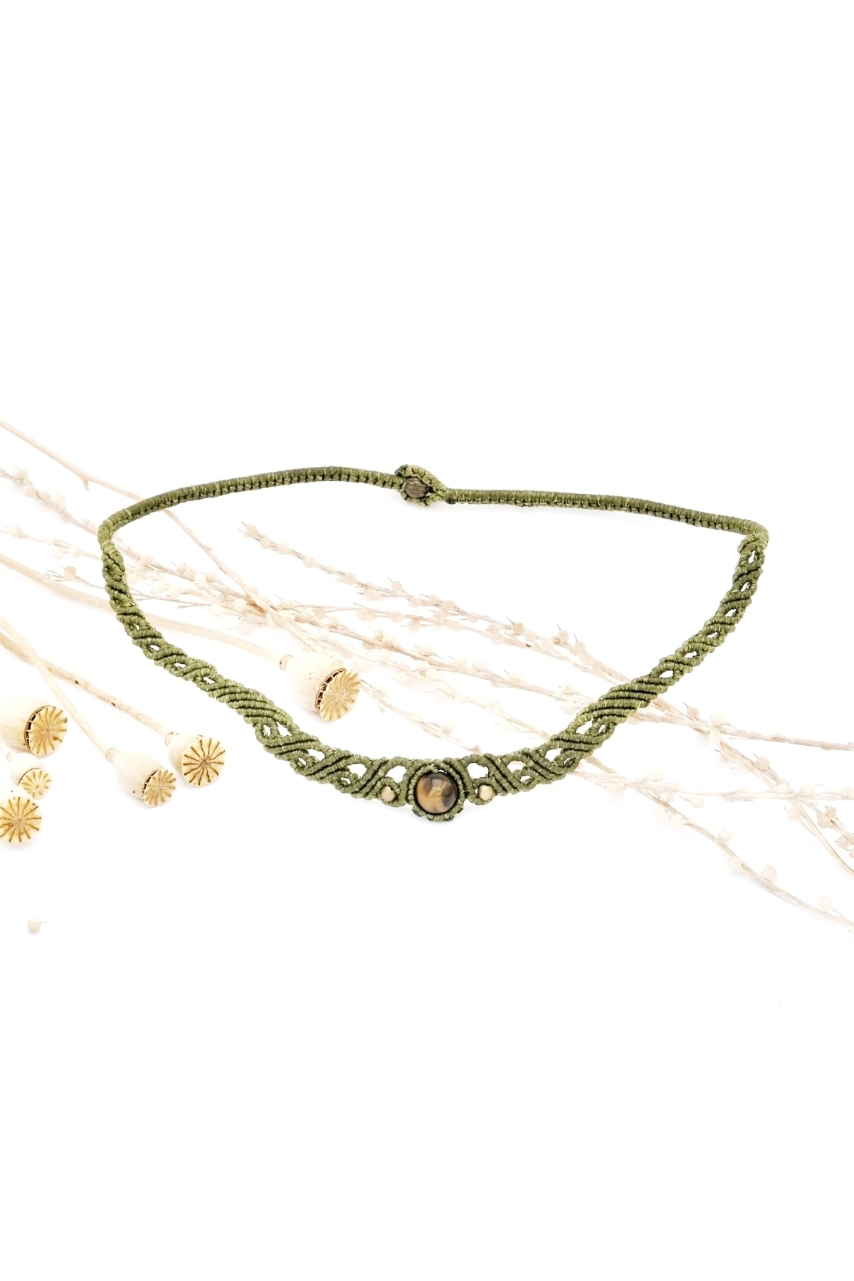 Macralien doğaltaş ve tasarım ürünler Macralien Makrome Bohem Choker Tasarım Kadın Kaplangözü Doğal Taş Zeytuni 38cm Klipsli Boyun Kolye