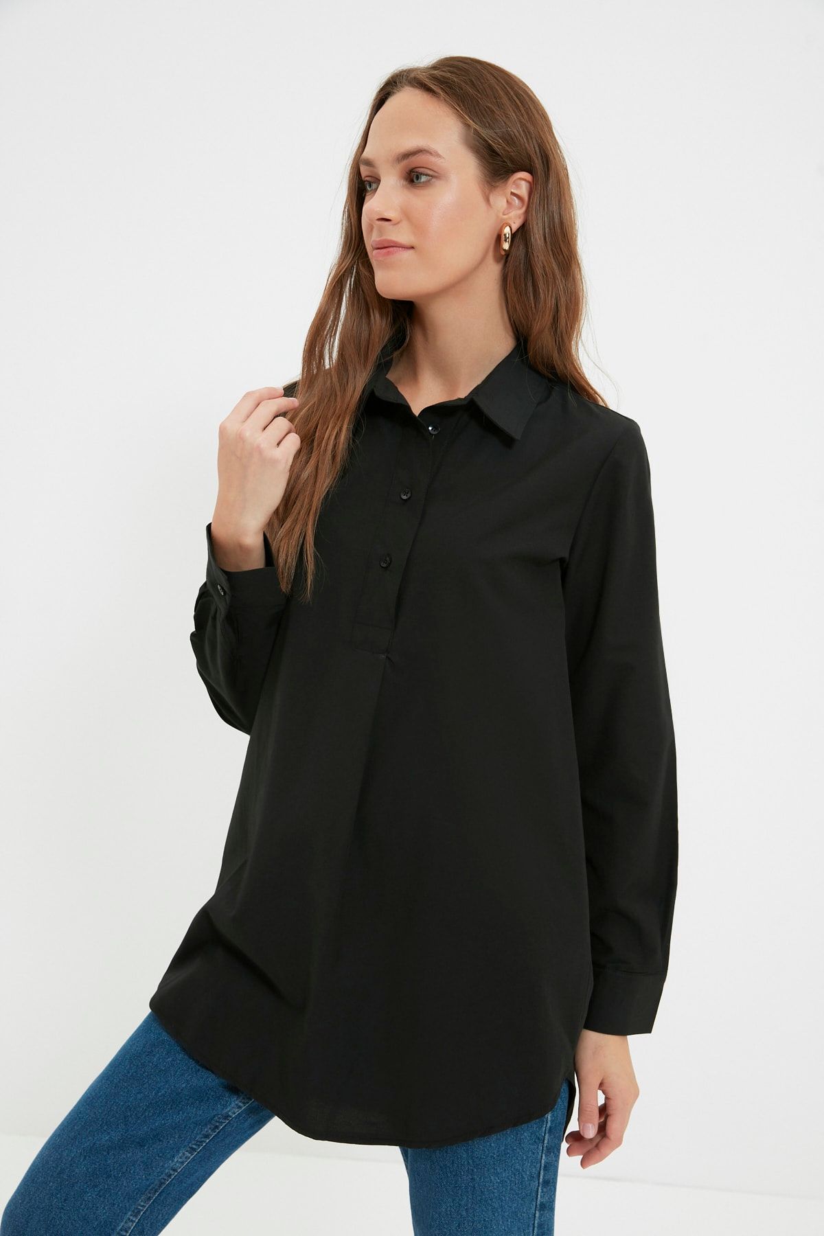 Trendyol Modest Siyah Gömlek Yaka Tunik TCTAW22UK0122