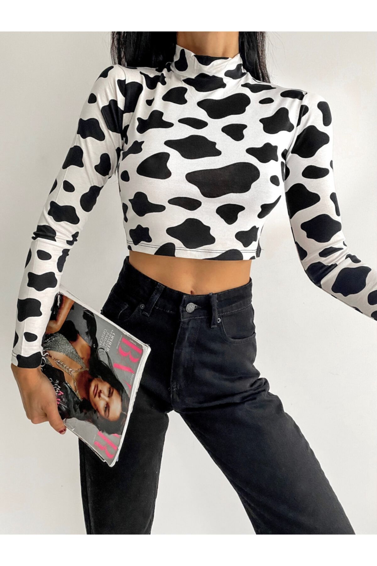 ladyzey Kadın Desen Balıkçı Yaka Crop Body