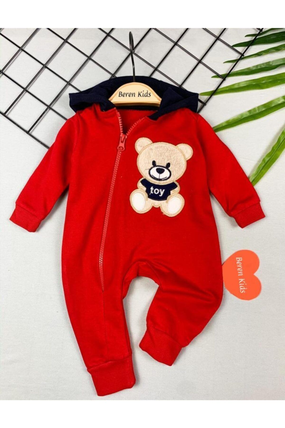 Beren Kids Ayıcık Desenli Önden Fermuarlı Kapşonlu Bebek Tulum