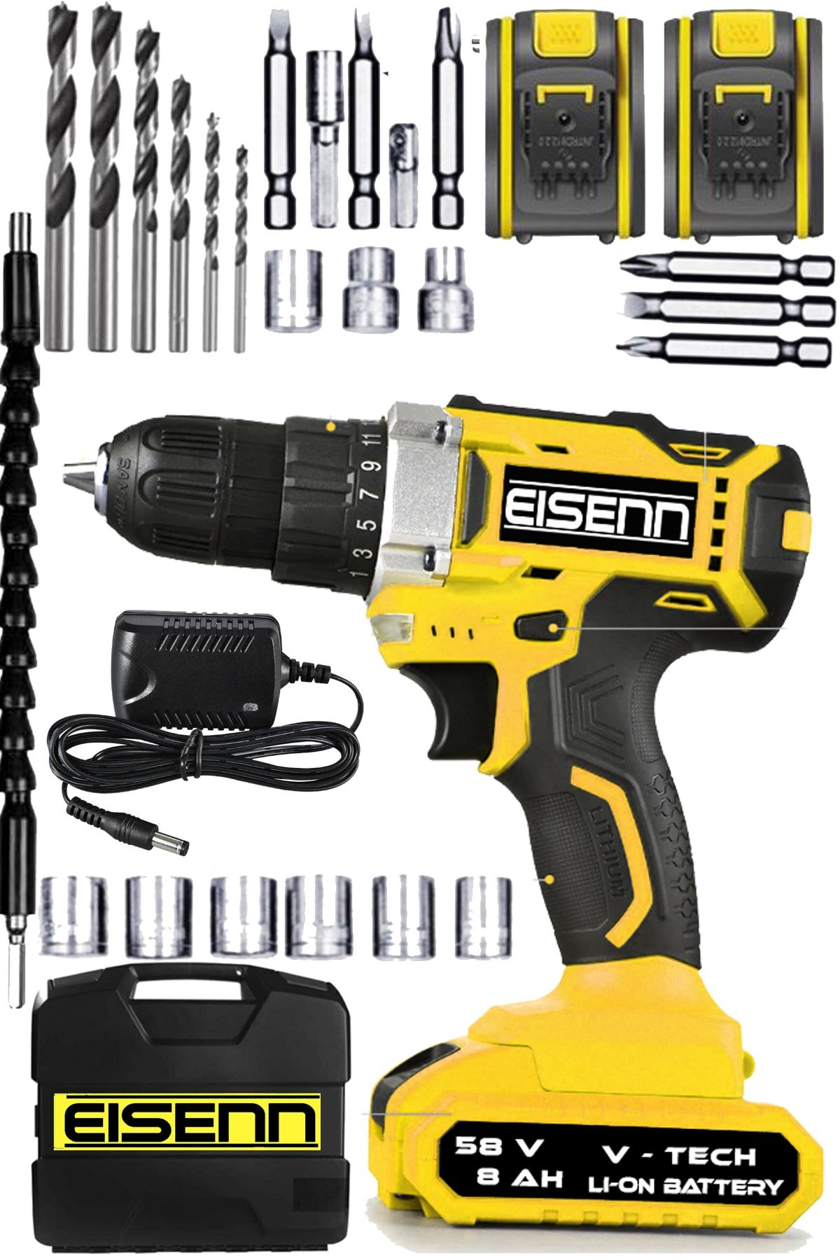 Eisenn Germany Technology Best 58 V 8 Ah Samsung Çift Akülü Vidalama Şarjlı Matkap + 27 Pcs Usta Seti