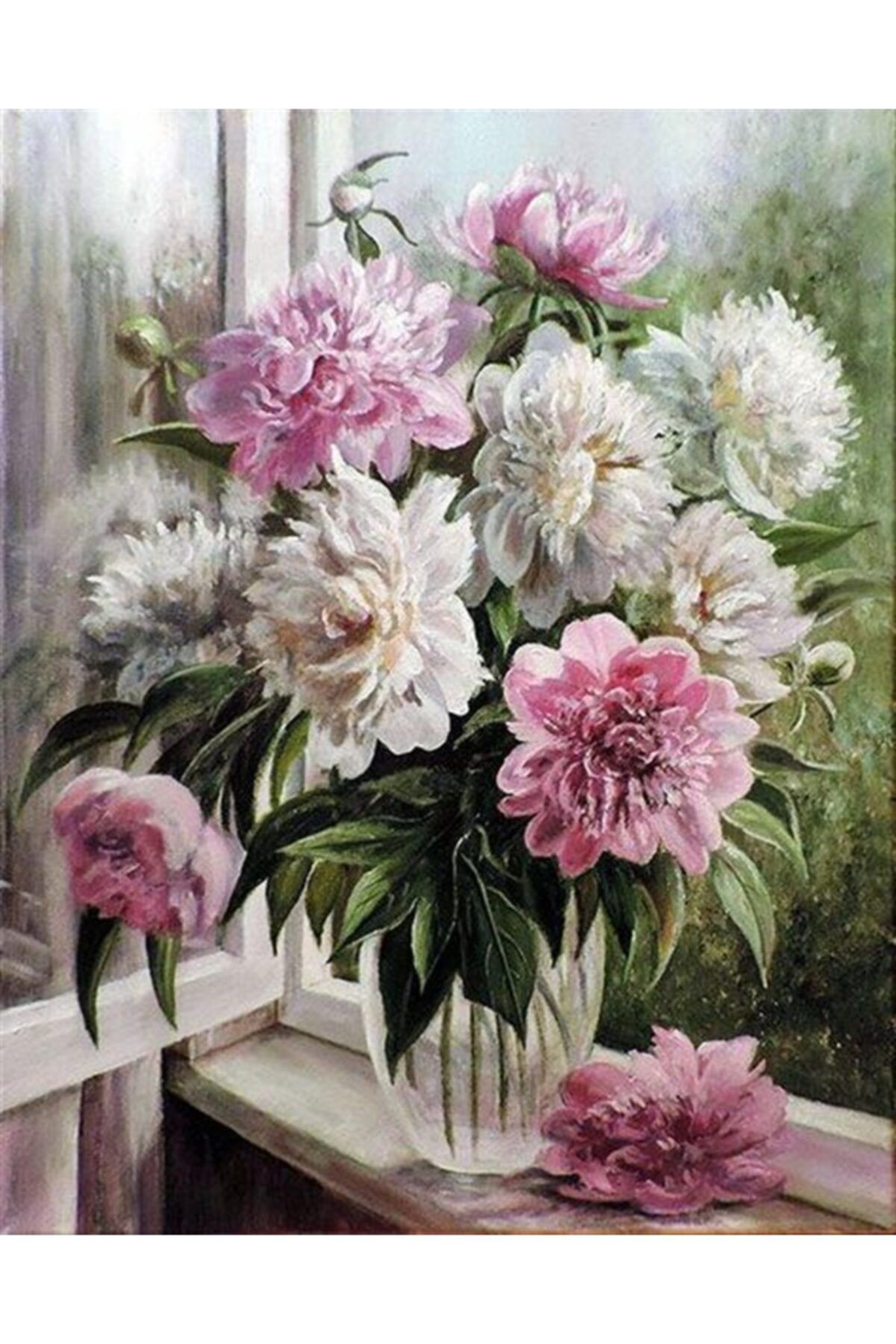 MARCEL SANAT Cam Kenarındaki Beyaz Ve Pembe Çiçekler Elmas Mozaik Tablo 45x60cm