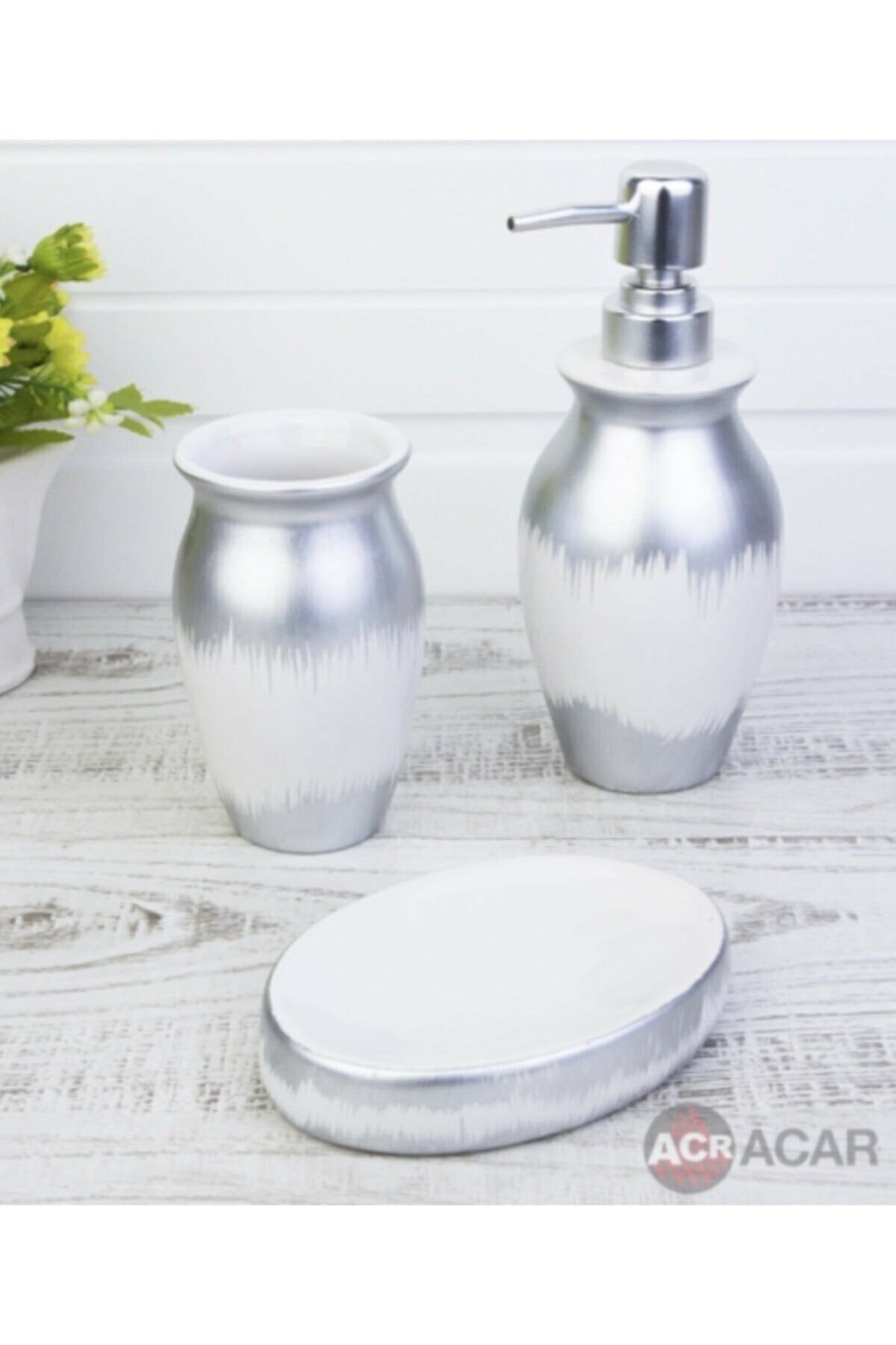 PicWood Seramik 3 Lü Banyo Seti Sabunluk Fırçalık