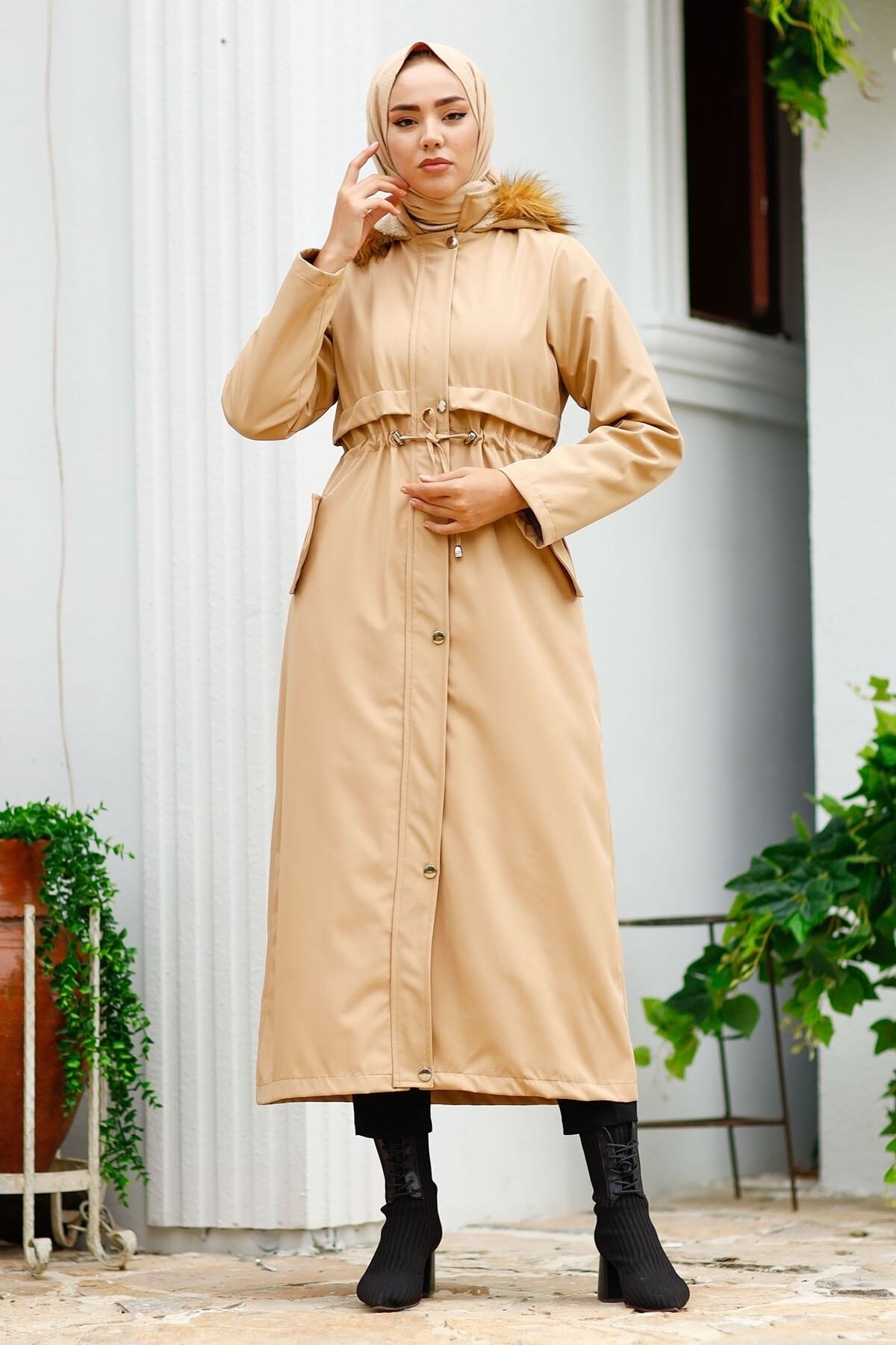 InStyle Tam Boy Kürklü 9020 Uzun Kaban - Bej