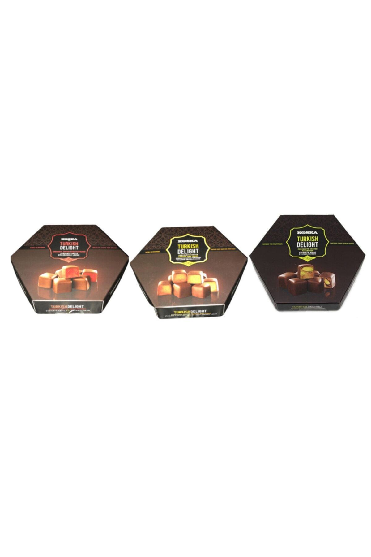 Koska Çikolata Kaplı Portakal. Ve Limon Aromalı+fıstıklı+gül Aromalı 140gr Lokum 3 Lü Paket