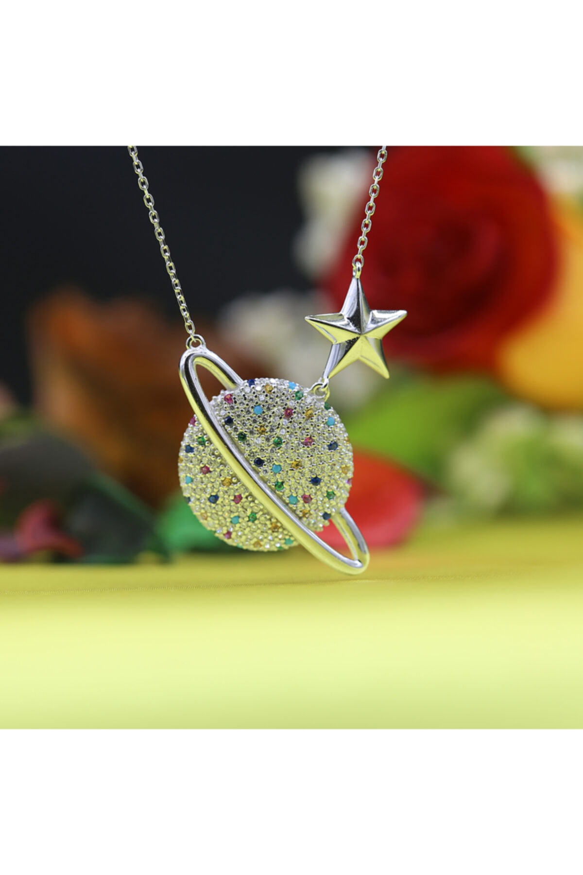 Takı Boom Kadın Beyaz Taşlı Rengarenk Gezegen 925 Ayar Gümüş Kolye