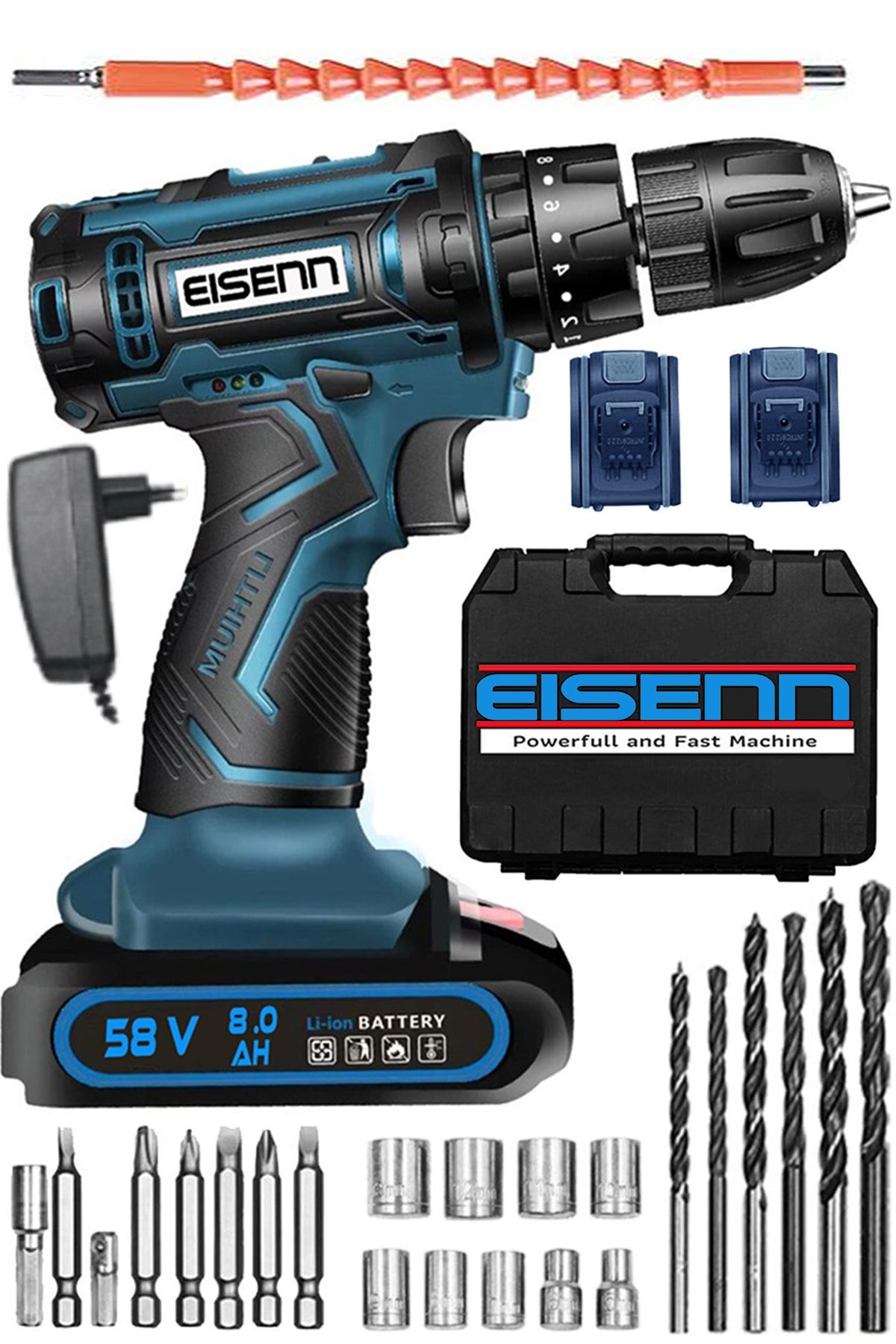 Eisenn Germany Technology Dc Ultra Şanzıman 58 V 8 Ah Darbeli Çift Akülü Vidalama Matkap + 27 Pcs Set