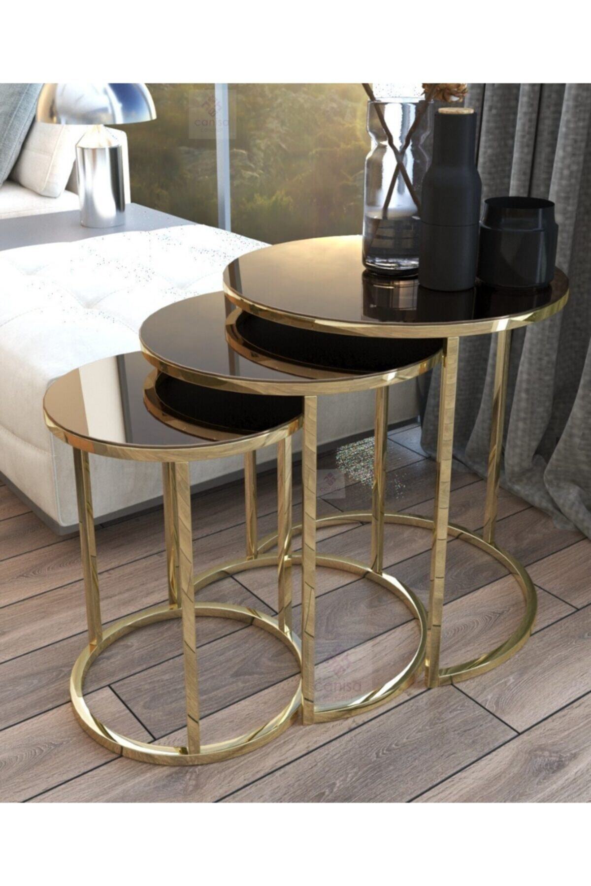 Canisa Concept Canisa Cool Serisi Üst Kalite Gold Aynalı 3 Lü Zigon Sehpa Takımı 3 Yıl Garantili