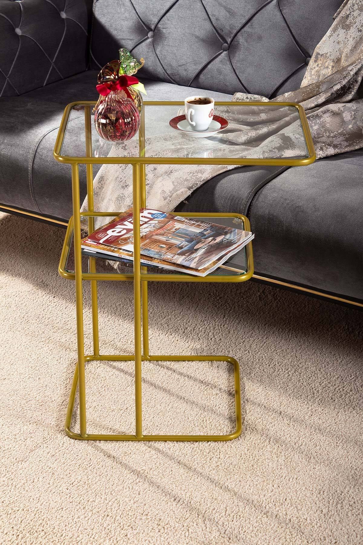 tino furniture Arturo Gold Yan Sehpa Metal Cam Raflı Komodin