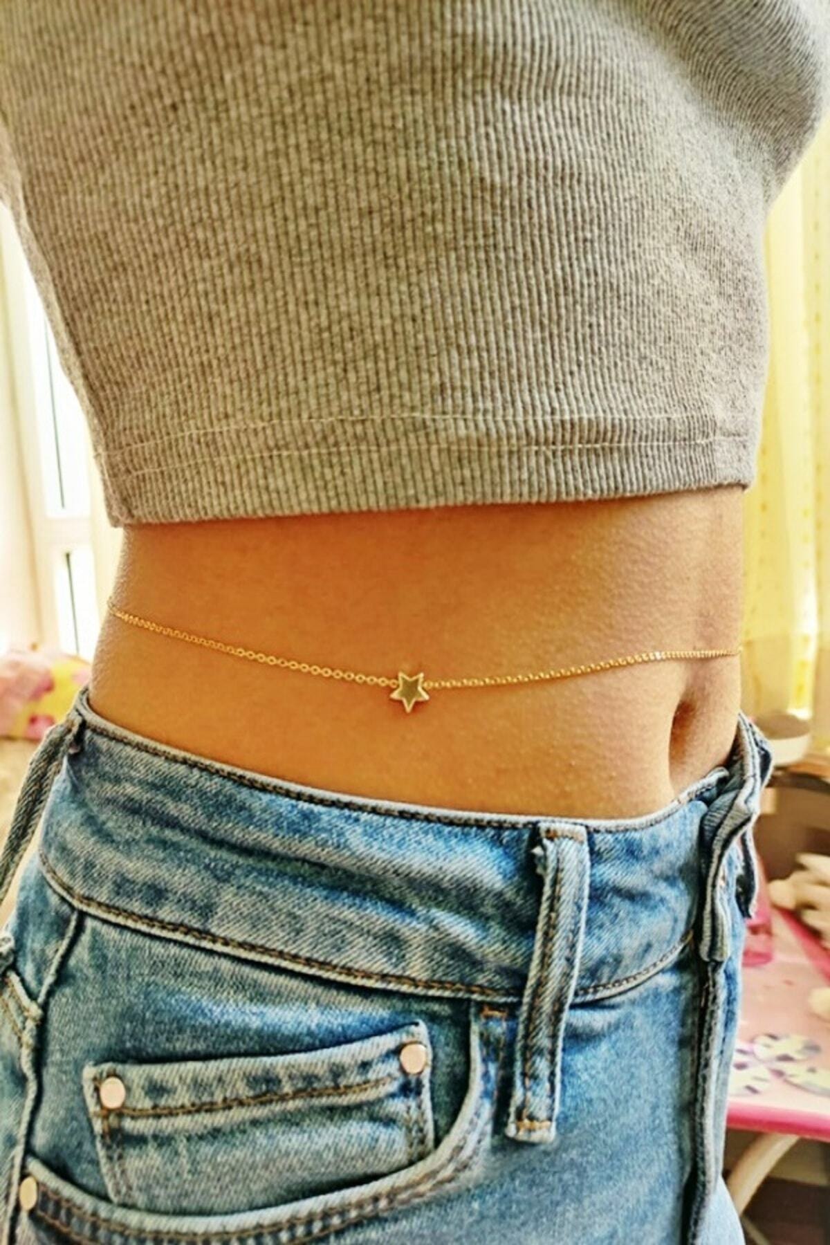 Enyuya Özel Tasarım Gold Yıldızlı Bel Zinciri- Vücut Kolyesi- Vücut Takısı- Vücut Aksesuarı