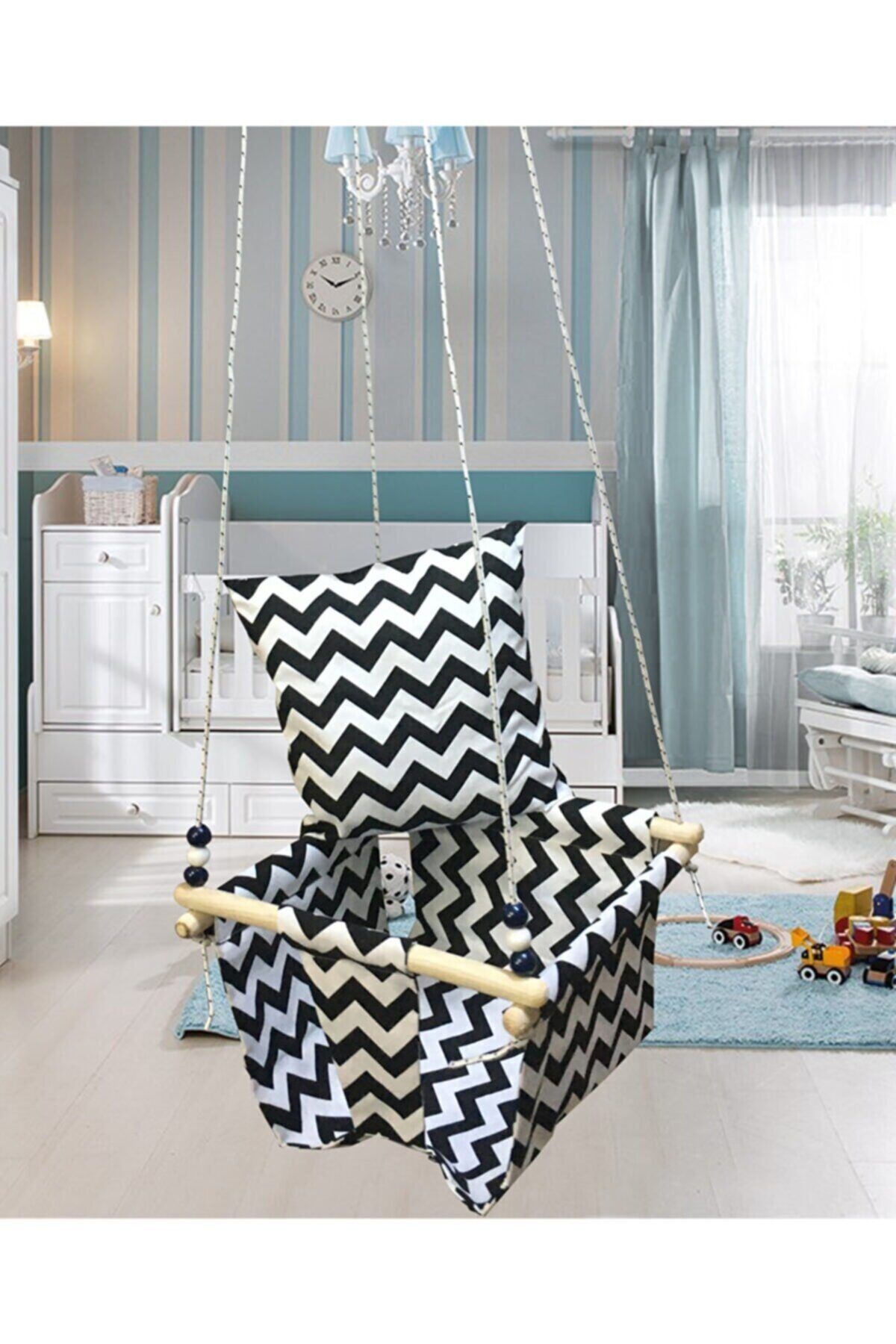 Atesshoppıng Ahşap Zigzag Desenli Bebek Çocuk Bahçe Salıncağı