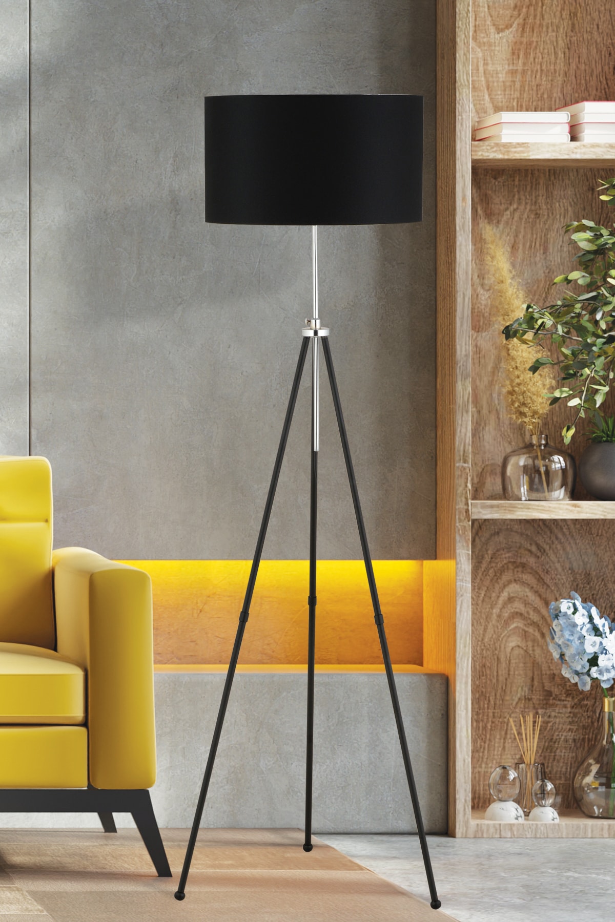 VogHome Tripod Lambader Siyah Kaplamalı Metal Ayak Krom Detaylı Silindir Başlıklı