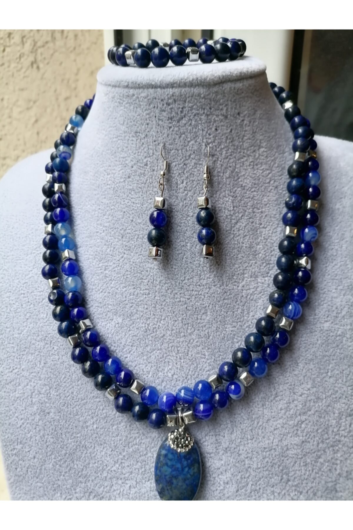 Düzgün Doğaltaş Lapis Lazuli Kolye Uçlu Lapis Lazuli Ve Küp Hematit, Akik Doğaltaşlı Kolye Küpe Bileklik Takım