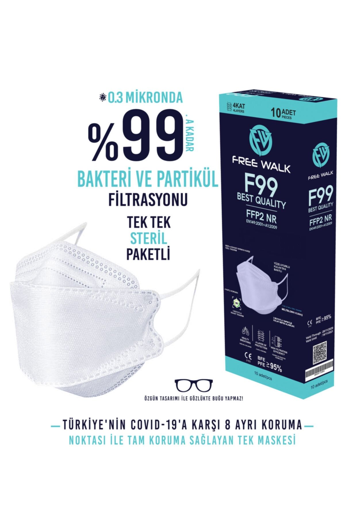 Free Walk Kore Tipi F99 Best Quality Kf94 Maske Beyaz Mna Belgeli 10 Adet