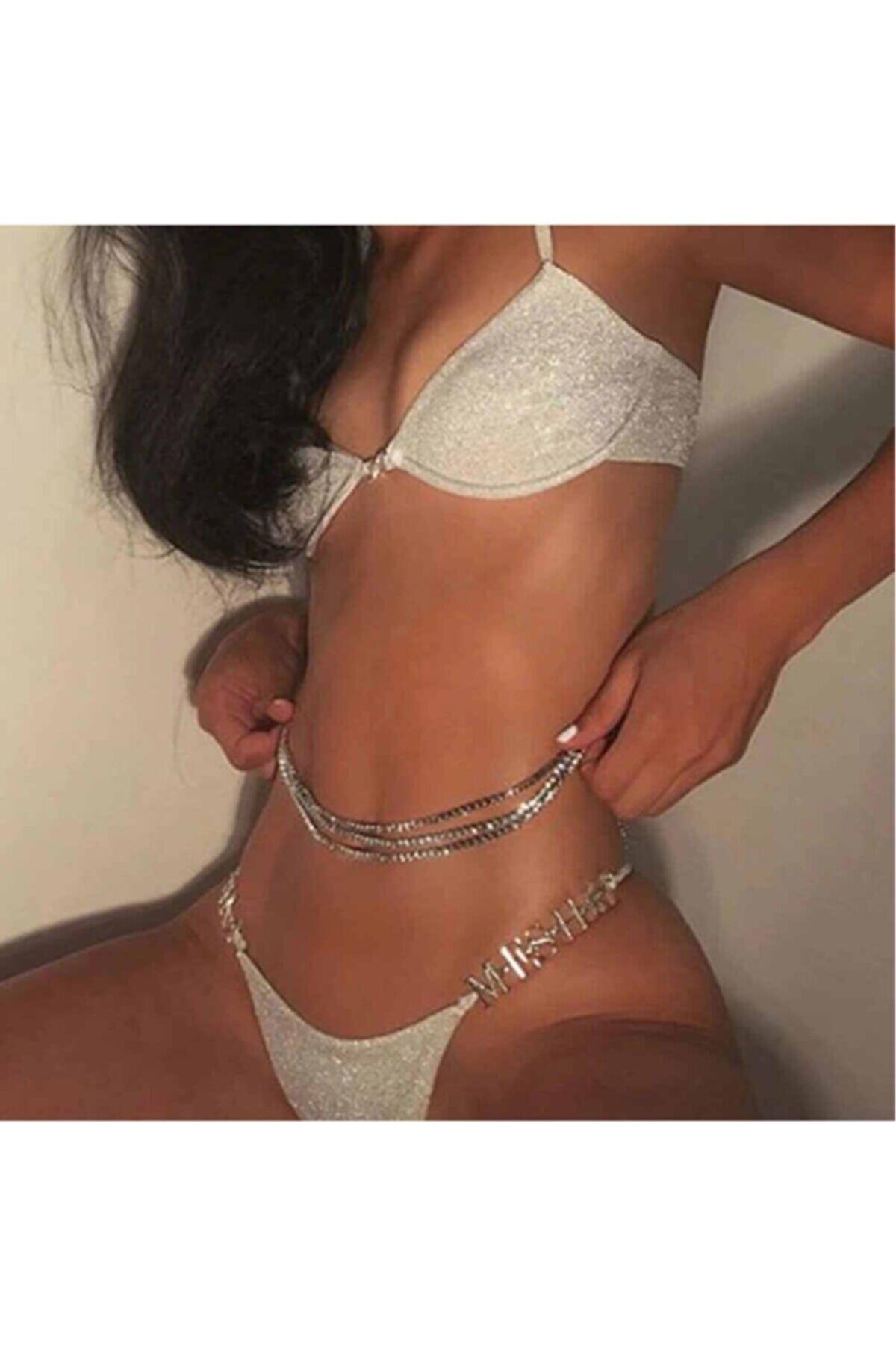 HUBAN Altın Kaplama 3'lü Şerit Taşlı Stylish Bel Zinciri-silver