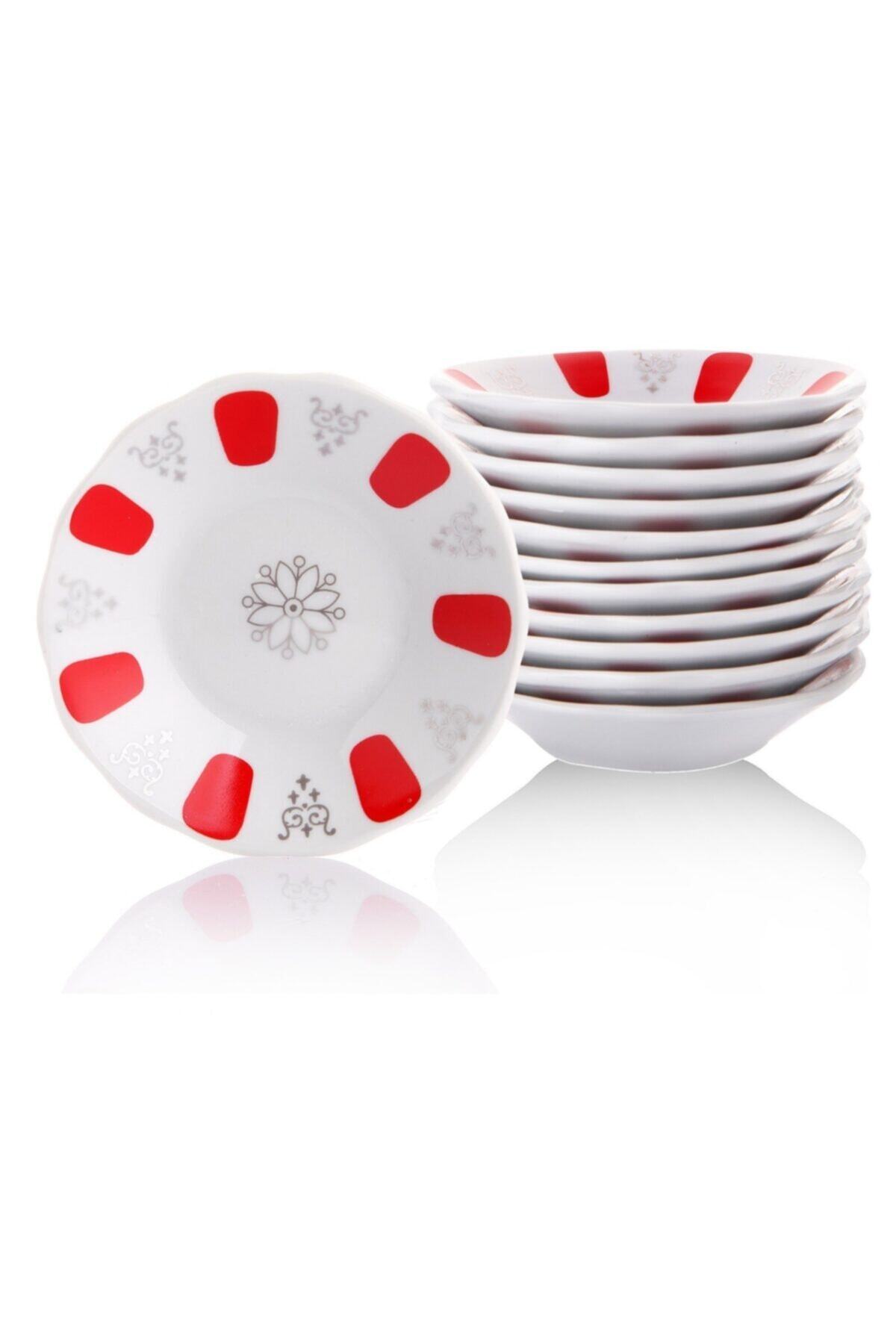 ANADOLU AVM 12 Adet Kırmızı Beyaz Nostalji Porselen Çay Tabağı