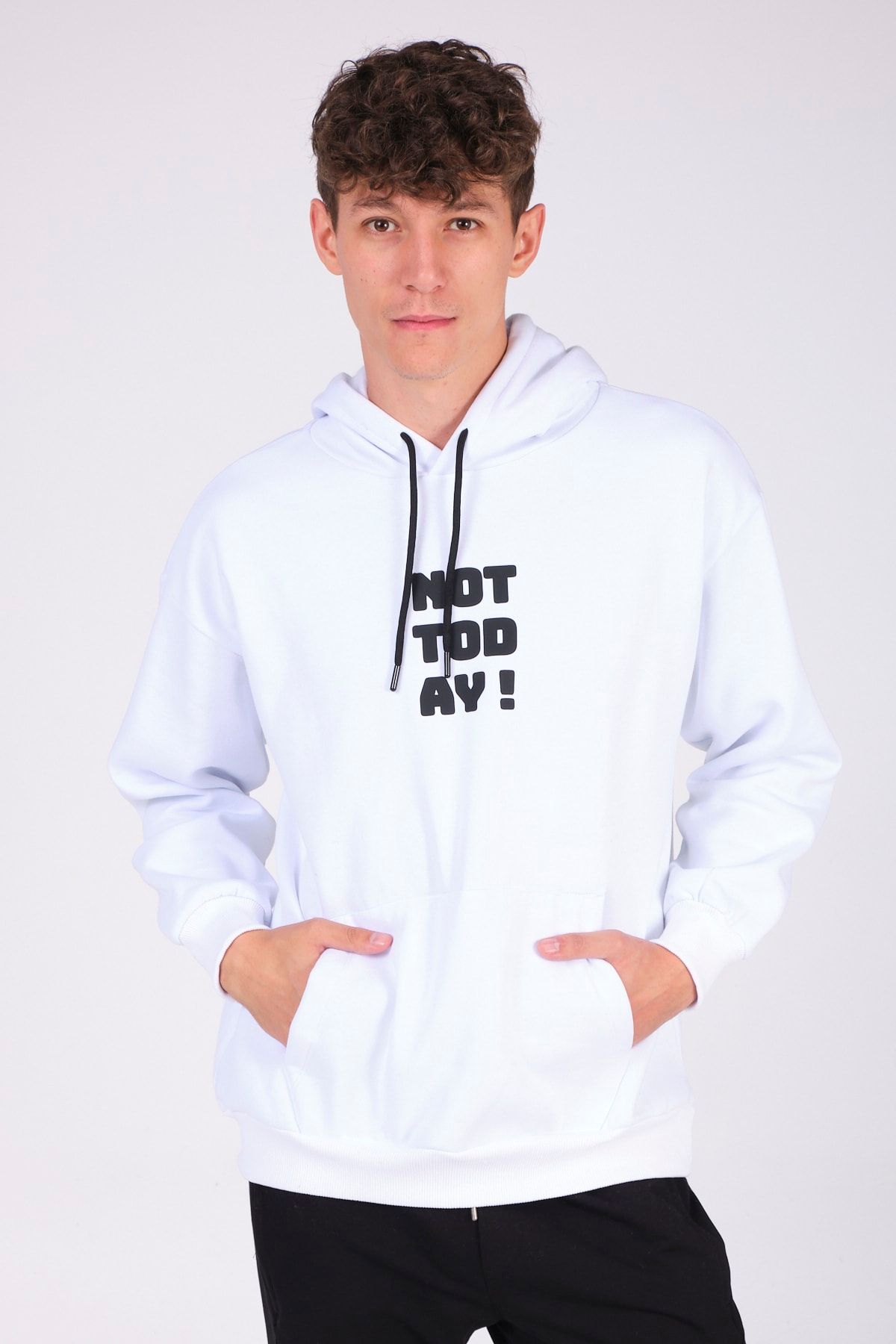 THE RULE Erkek Beyaz Oversize Fit Önü Baskılı Kapüşonlu Pamuklu Sweatshirt