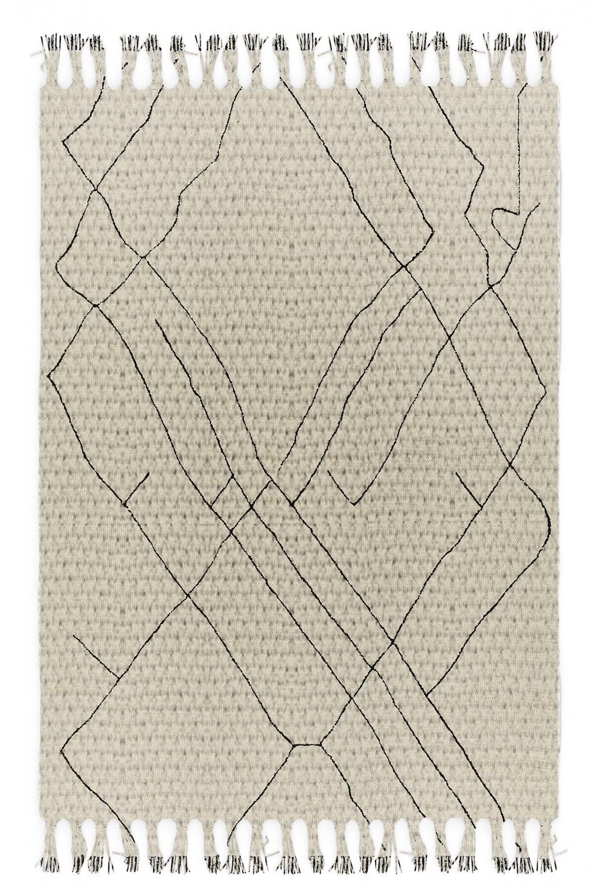 Osso Halı Osso Krem Siyah Çizgiler Vintage Kara Tezgah Iskandinav Desenli Yıkanabilir Saçaklı Kilim Tks-20