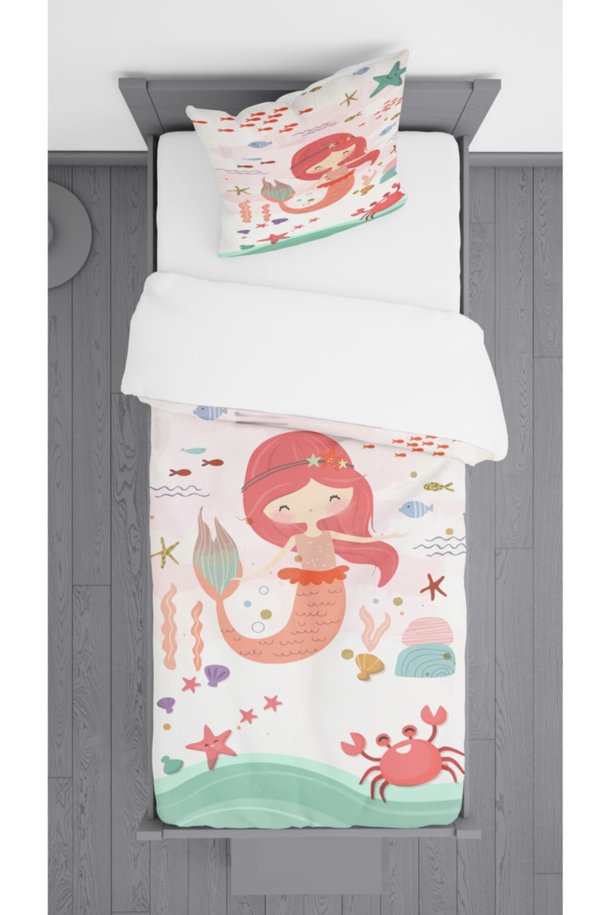 Ziu Kids Deniz Kızı Desenli Süet Dokulu Dekoratif Yatak Örtüsü Ve Yastık Kılıfı 140x220