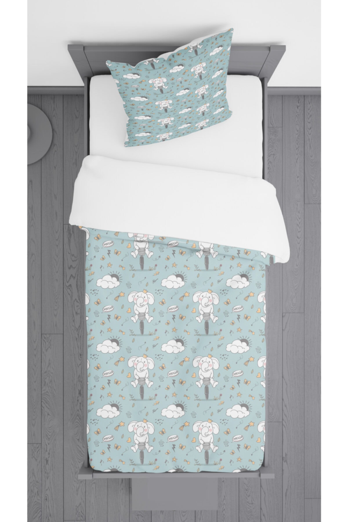 Ziu Kids Bisikletli Fil Desenli Süet Dokulu Dekoratif Yatak Örtüsü Ve Yastık Kılıfı 140x220