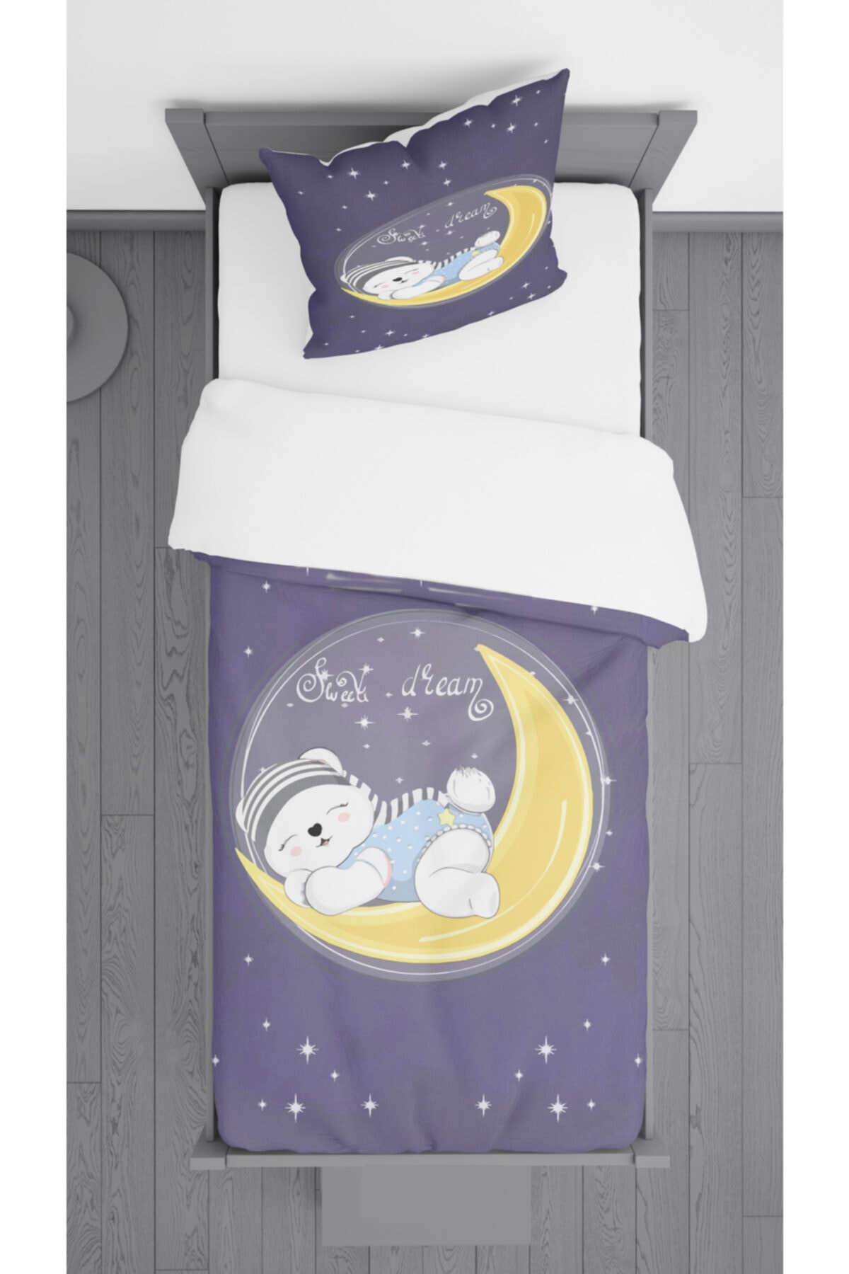 Ziu Kids Ayda Uyuyan Ayıcık Desenli Süet Dokulu Dekoratif Yatak Örtüsü Ve Yastık Kılıfı 140x220