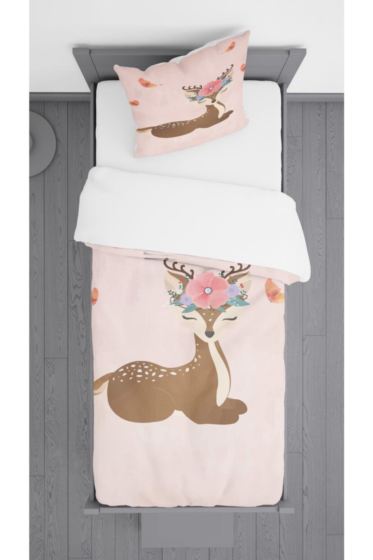 Ziu Kids Sevimli Ceylan Desenli Süet Dokulu Dekoratif Yatak Örtüsü Ve Yastık Kılıfı 140x220