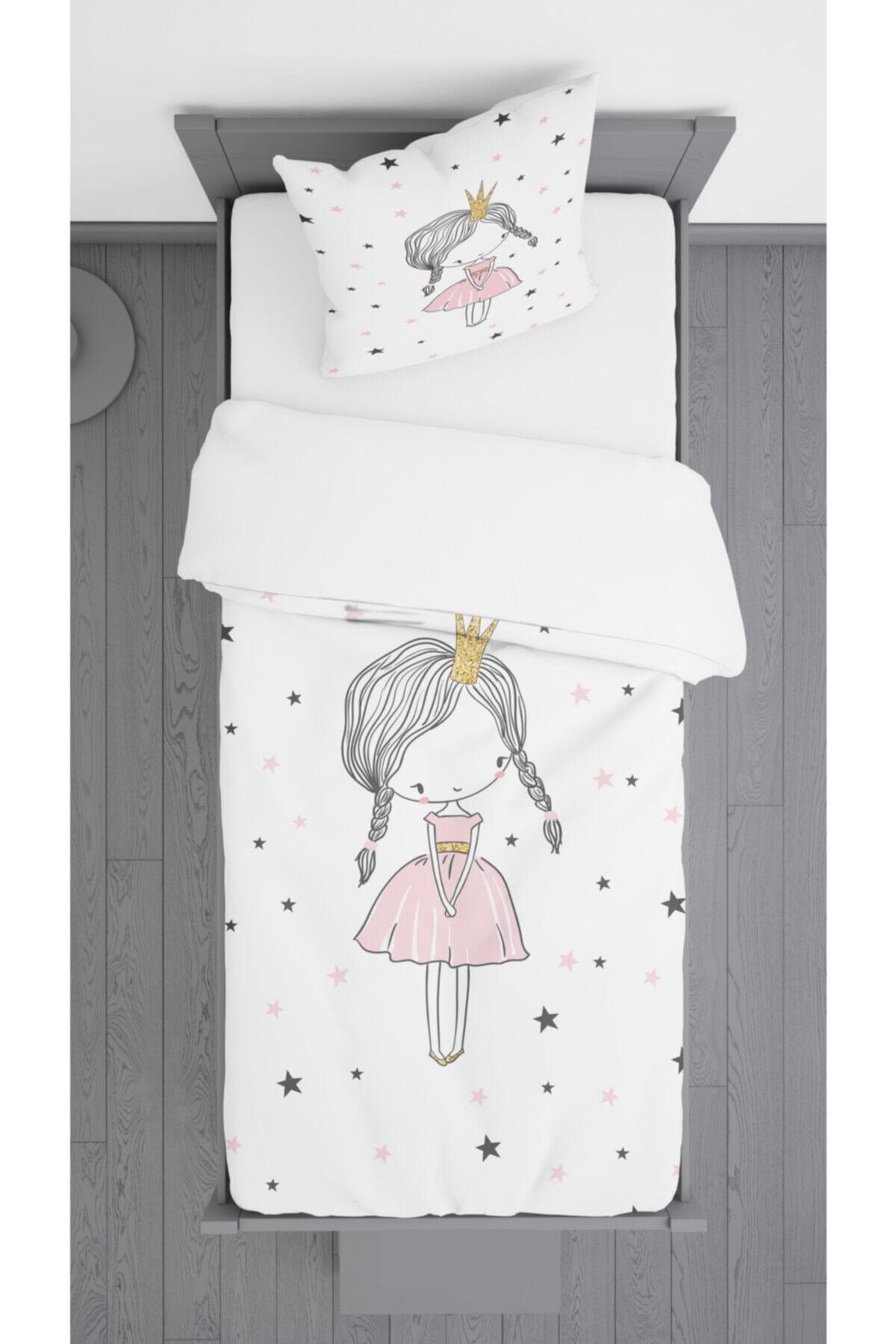 Ziu Kids Taçlı Prenses Kız Desenli Süet Dokulu Dekoratif Yatak Örtüsü Ve Yastık Kılıfı 140x220